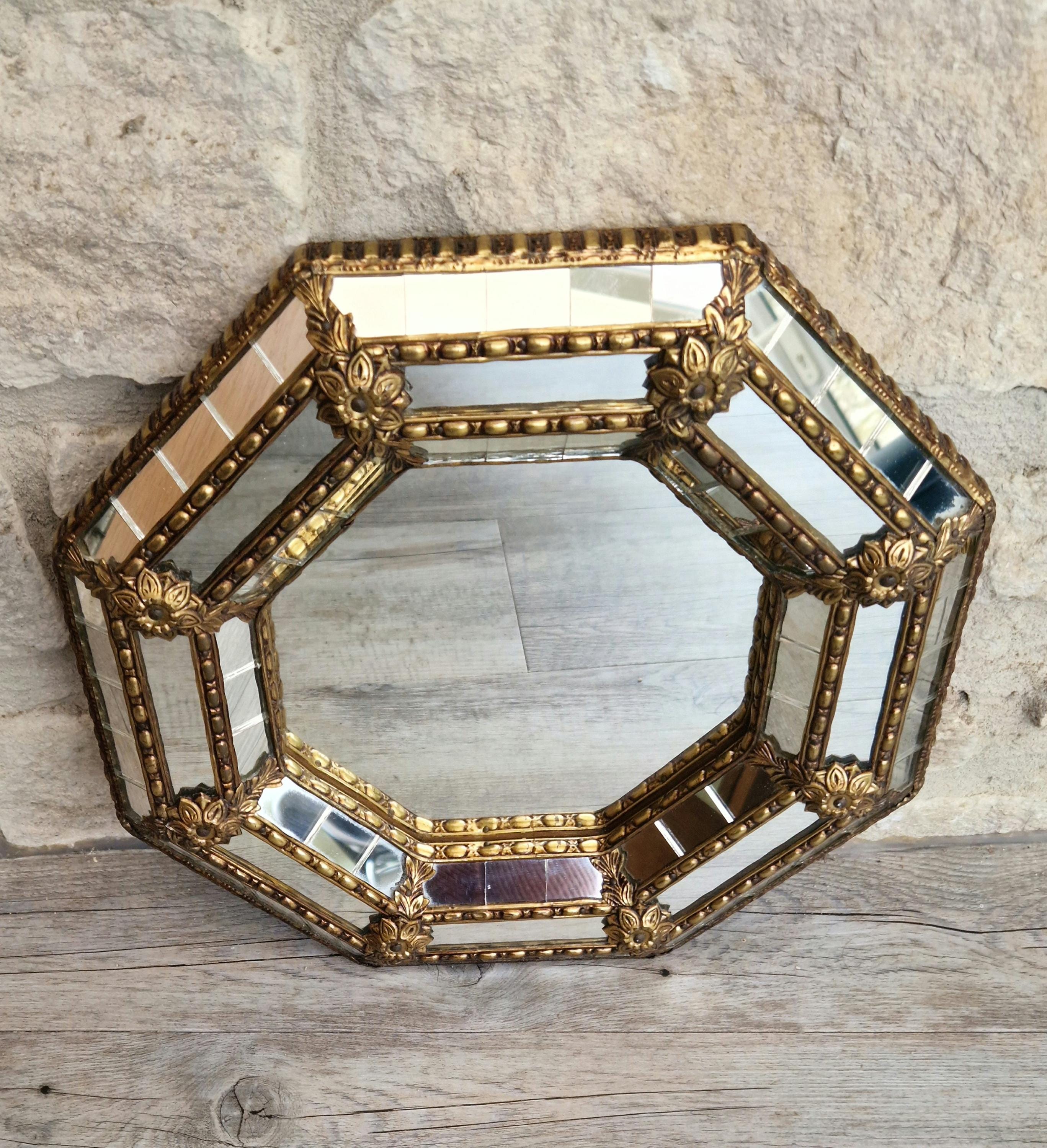 Vintage Small Octagonal Venetian Mirror Hollywood Regency Brass Floral Accents 29.5cm Italy 1970s