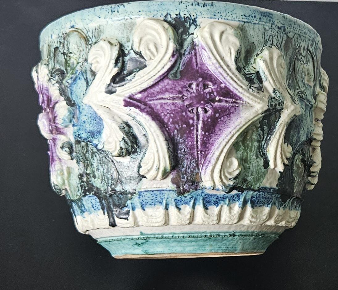 Vintage Large Textured Italian Planter Plant Pot Purple Greens White 14cm Tall X 17cm Diameter