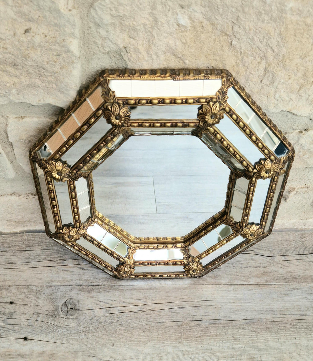 Vintage Small Octagonal Venetian Mirror Hollywood Regency Brass Floral Accents 29.5cm Italy 1970s