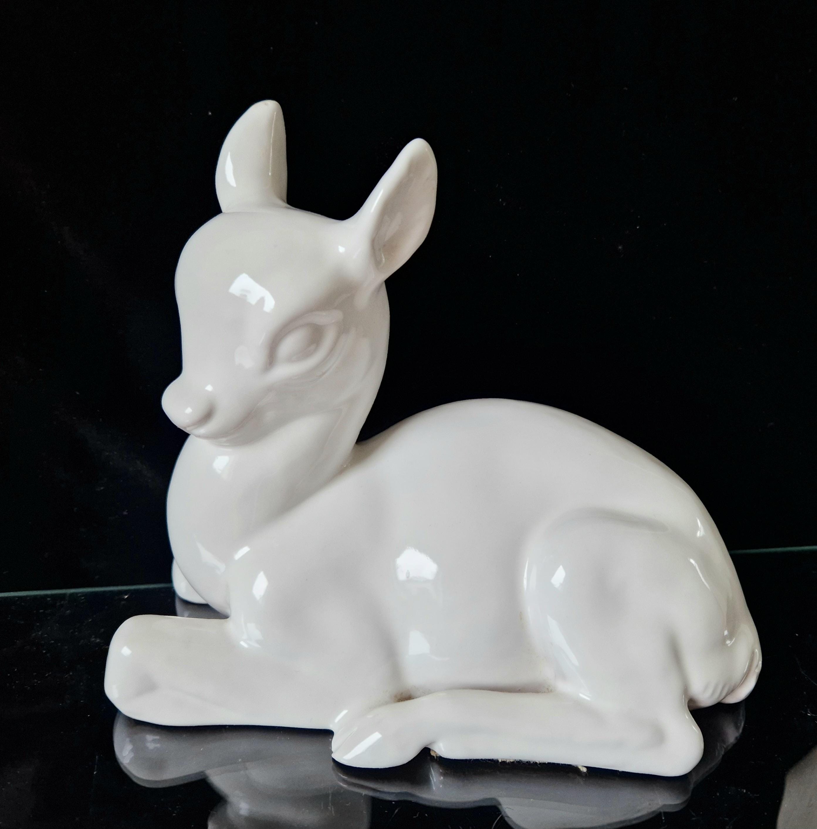 Vintage Cantagalli White Italian Ceramic Faience Recumbant Fawn Deer Figure Ornament 20cm.