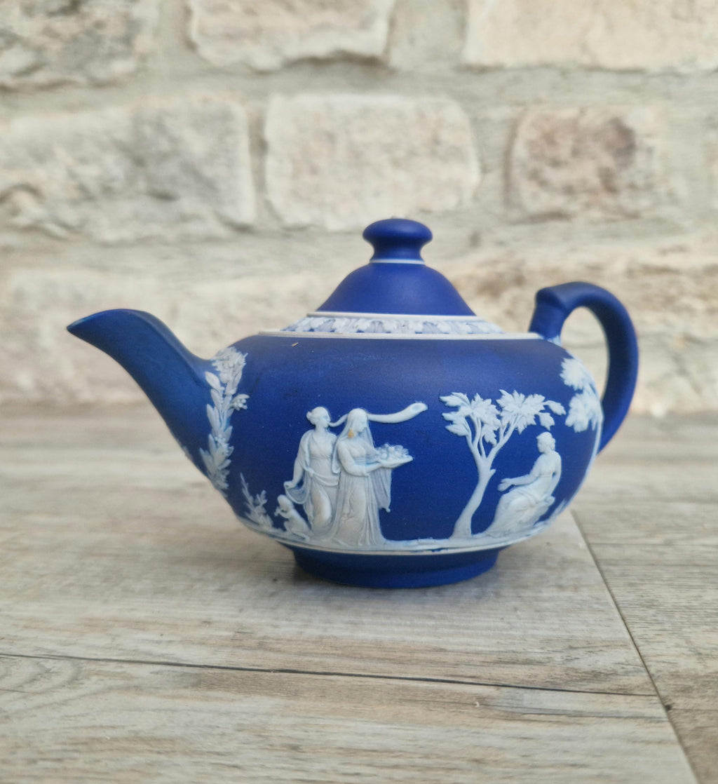 Antique Wedgwood Neoclassical Cobalt Blue Dipped Jasperware Bachelor Teapot Rare Size