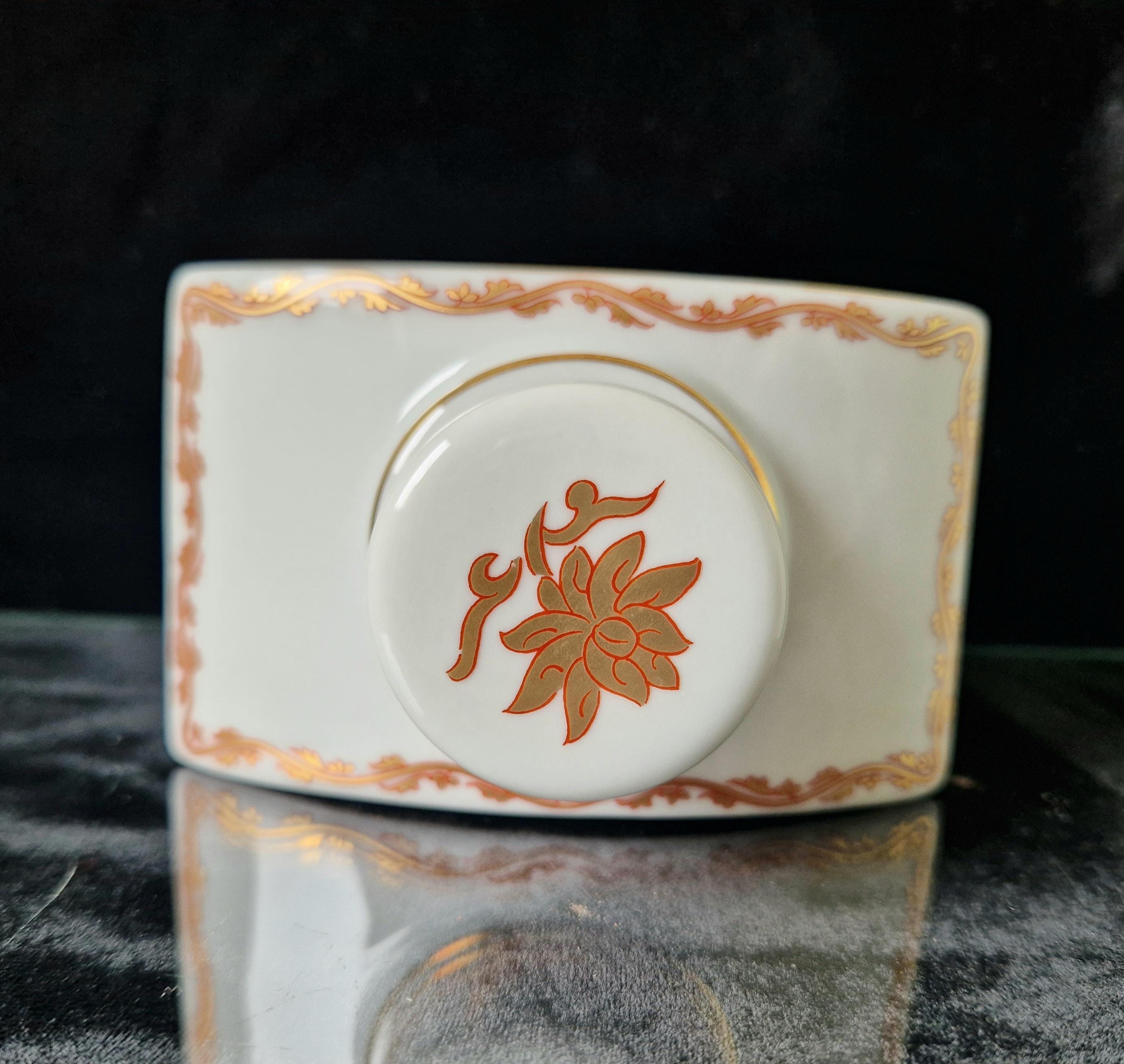 Vintage Vista Alegre Ceramic Tea Caddy Lidded Jar Floral Pattern With Gold Detail