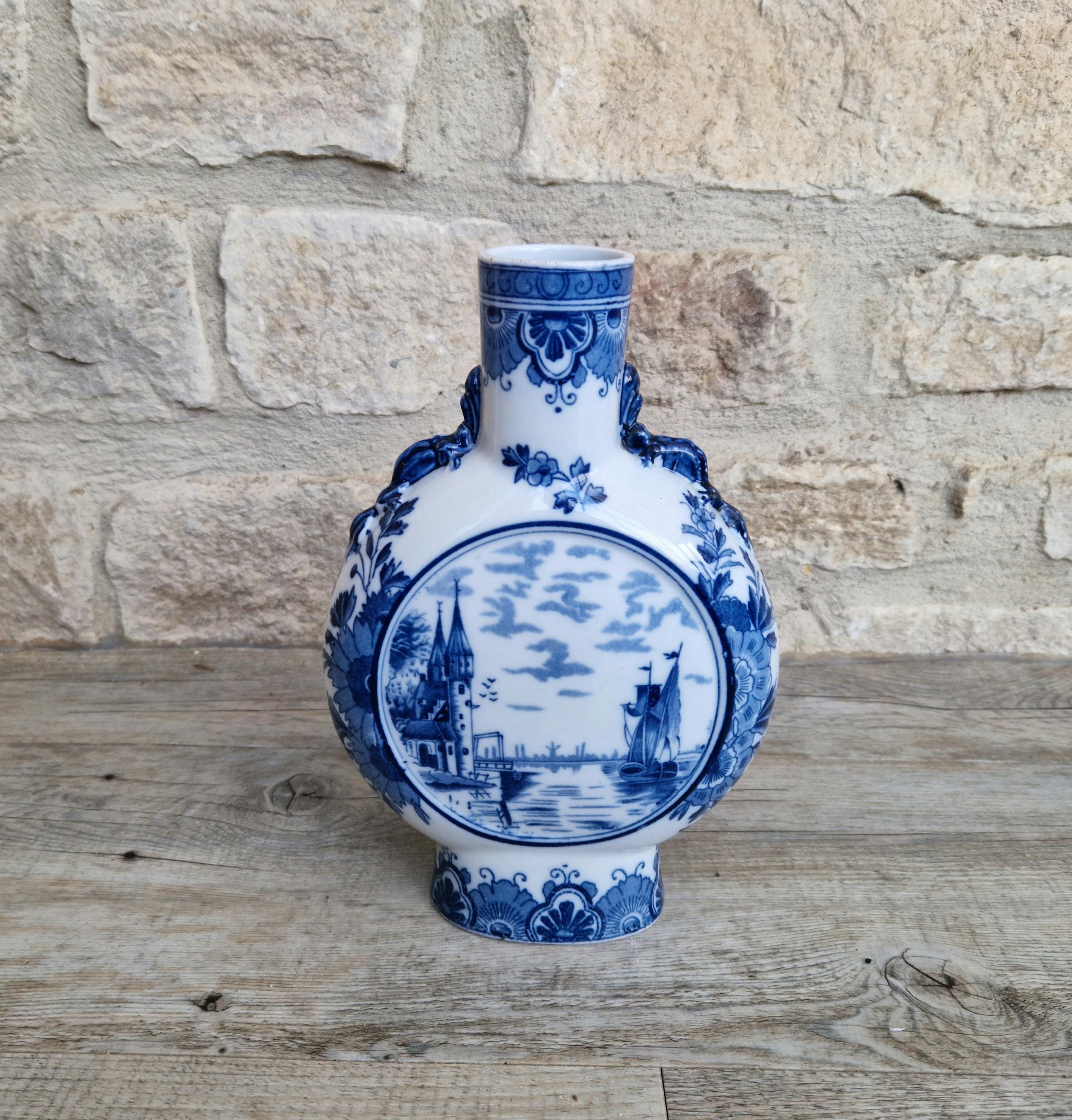 Vintage Dutch Delft Pottery Blue & White Moon Flask Vase River Scene 23cm