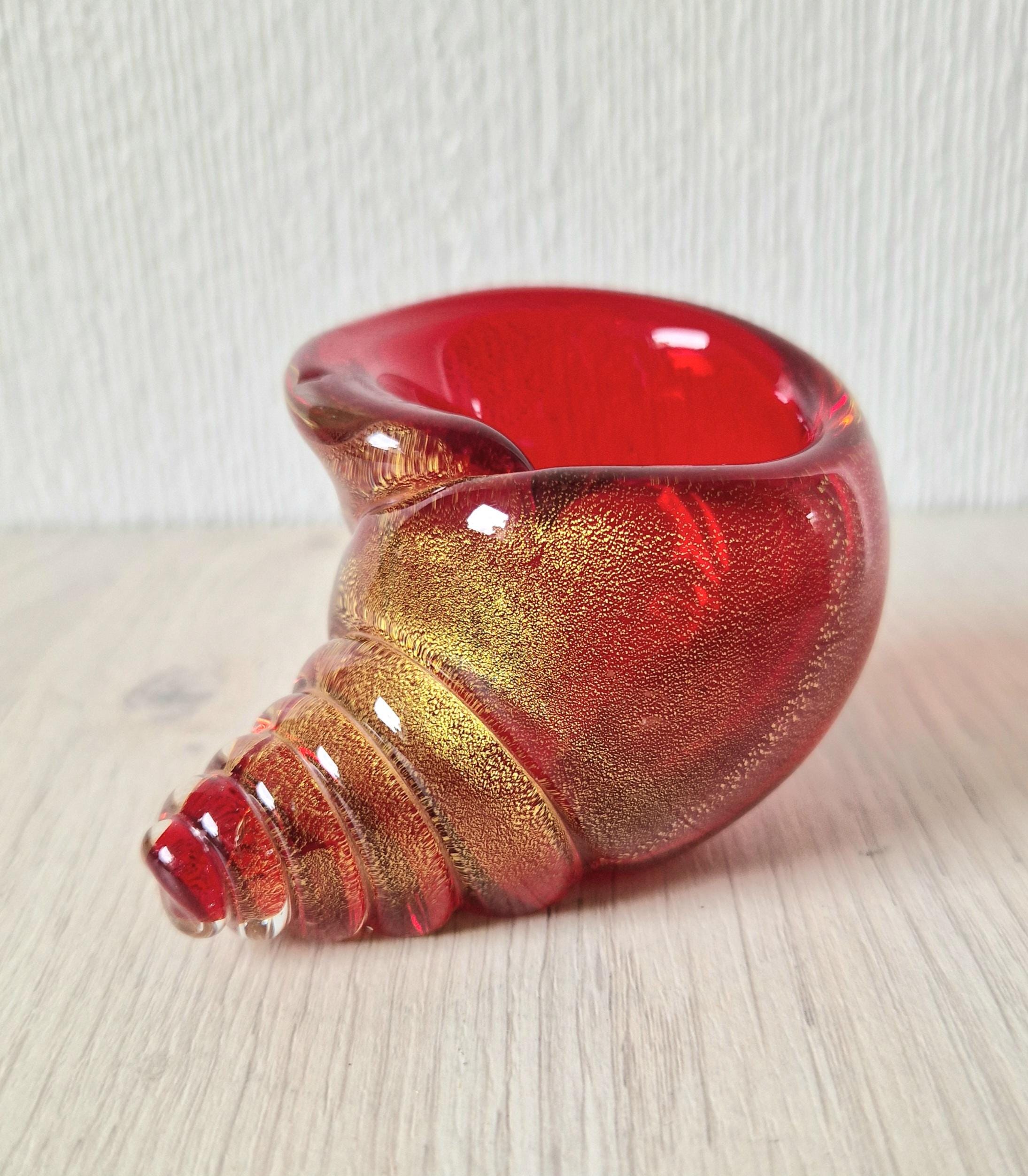 Vintage Archimede Seguso Red & Gold Flake Murano Art Glass Conch Shell Ornament 1950's