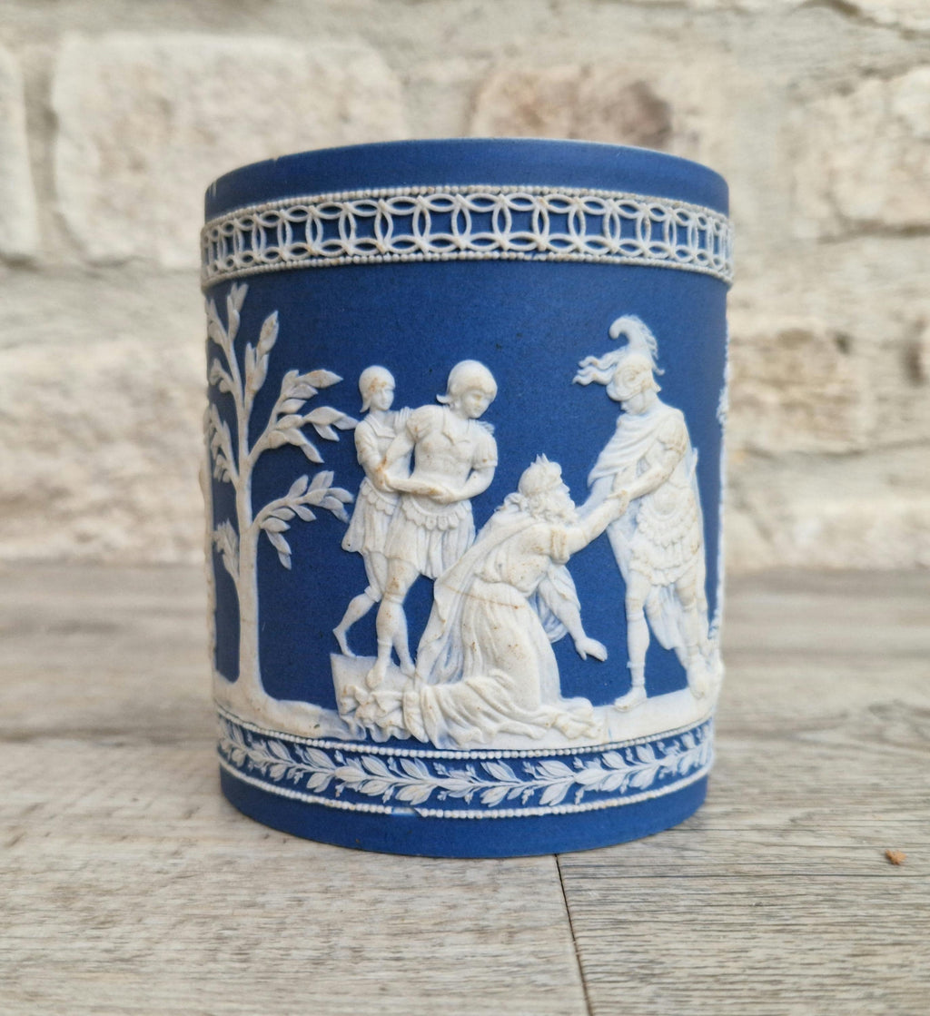 Antique Late 18th-Early 19th C. William Adams Jasperware Neoclassical Blue Sprigged Drum Vase Base