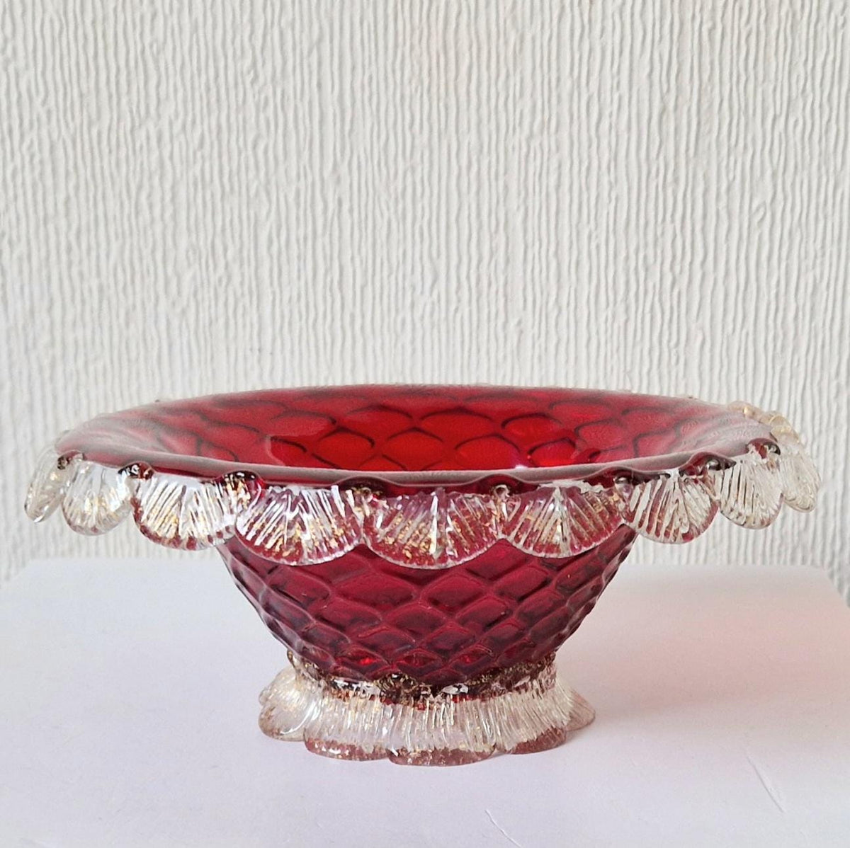 1960's Ruby Red & Gold Flecks Salviati Venetian Art Glass Pedestal Bowl