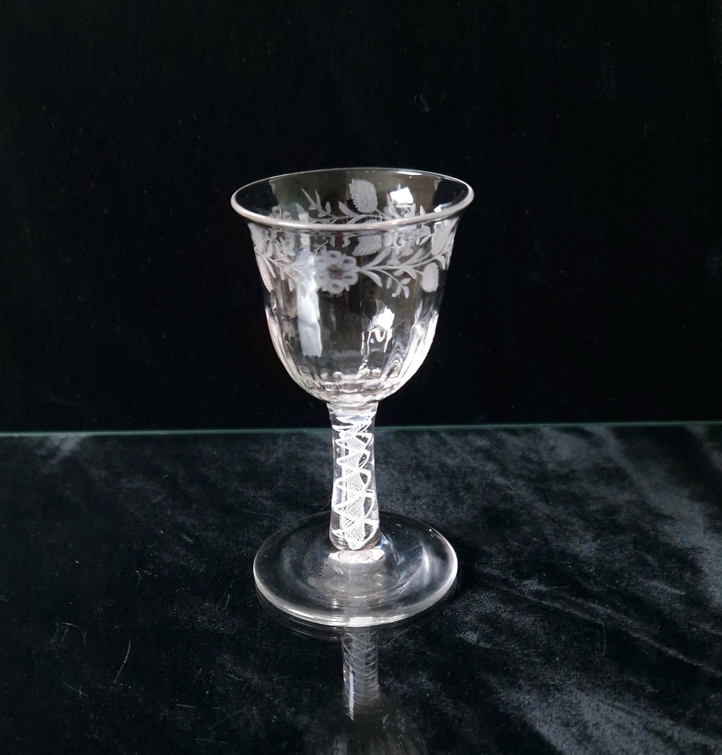 18th Century Jacobite Engraved Flute Moulded Double Series Airtwist Stem Cordial Liquor Glass