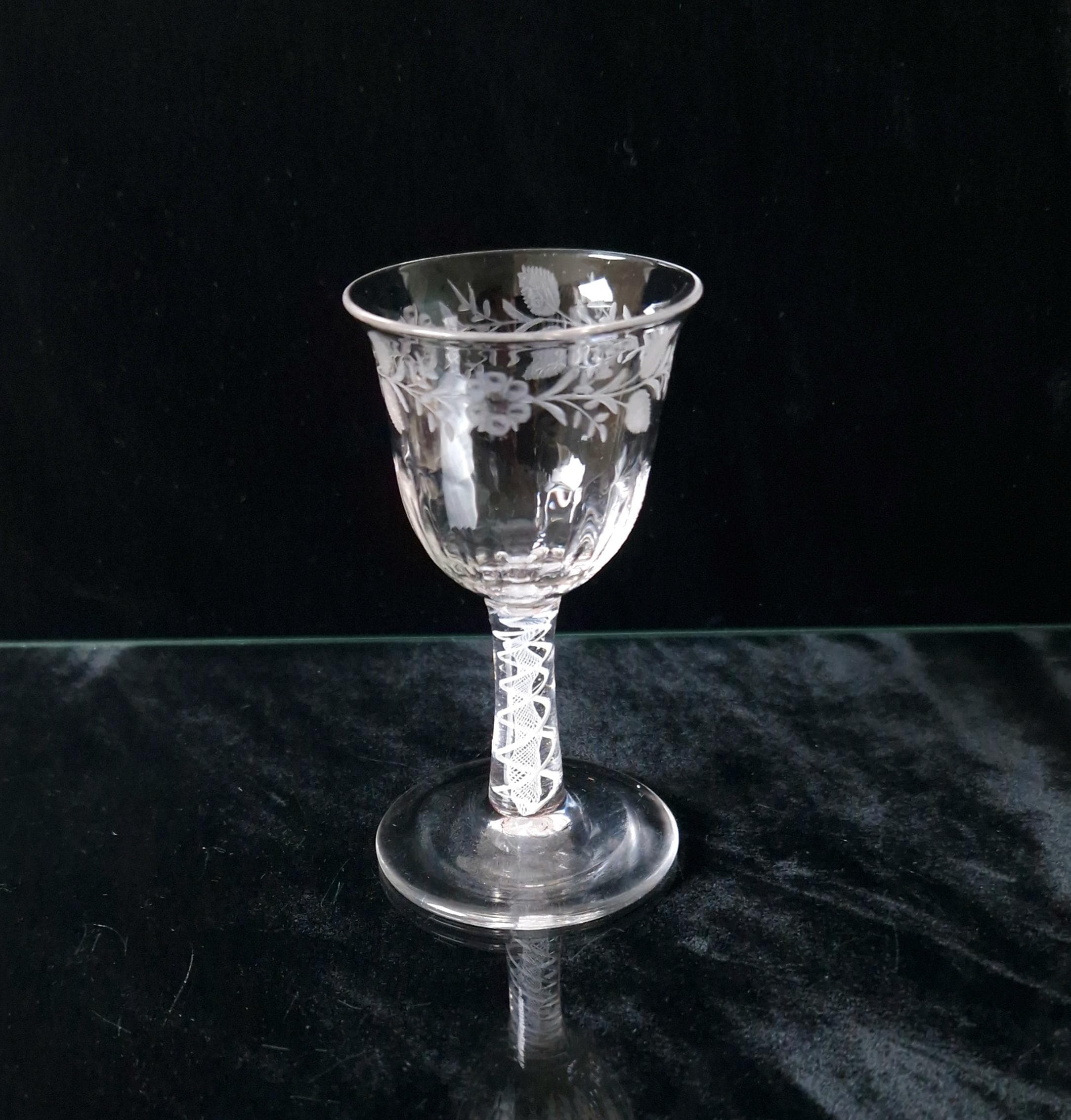 18th Century Jacobite Engraved Flute Moulded Double Series Airtwist Stem Cordial Liquor Glass