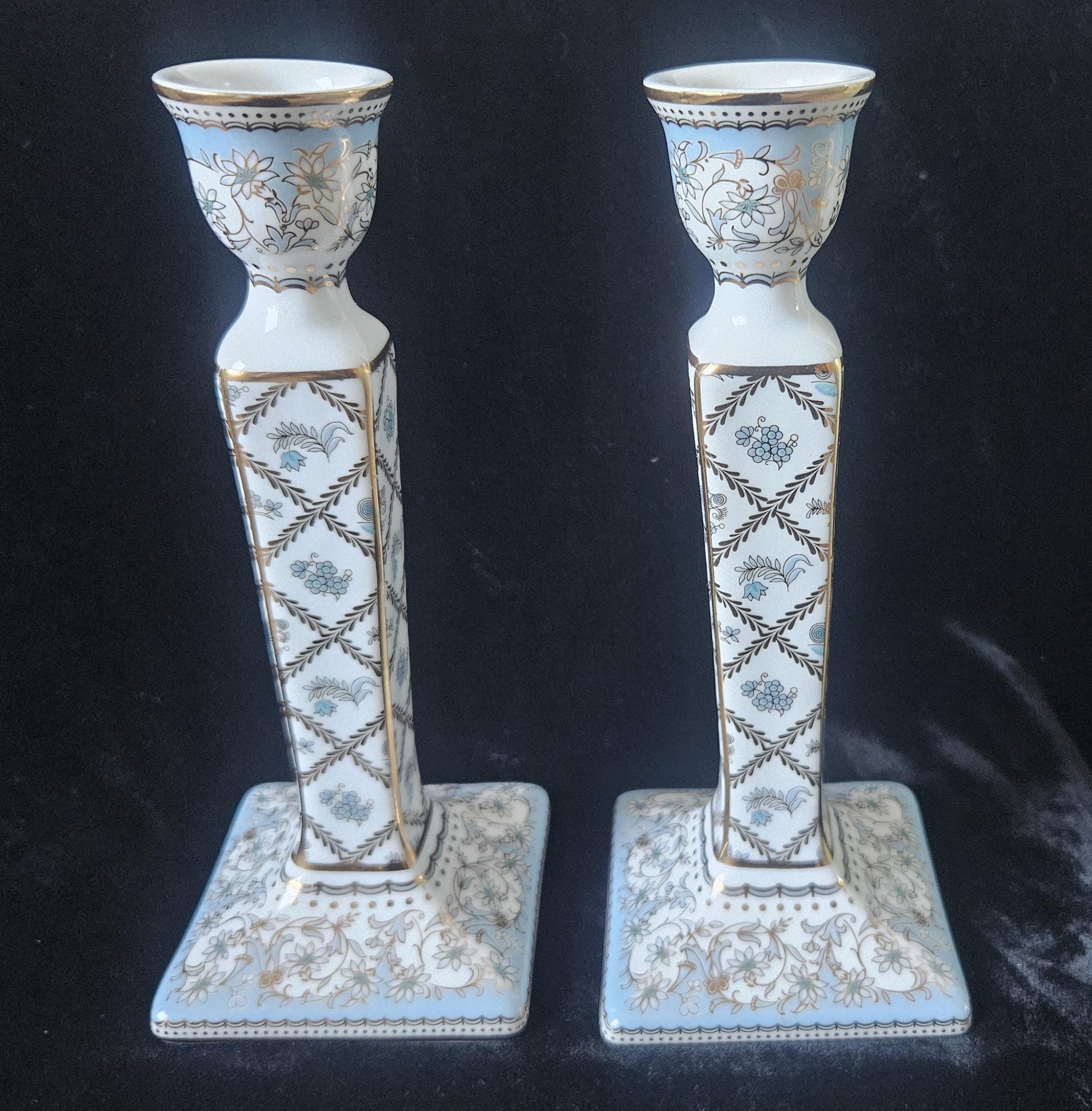 Vintage 1990s Pair of Porcelain Decorative Candle Holders (Past Times) England Taper Candle Holders