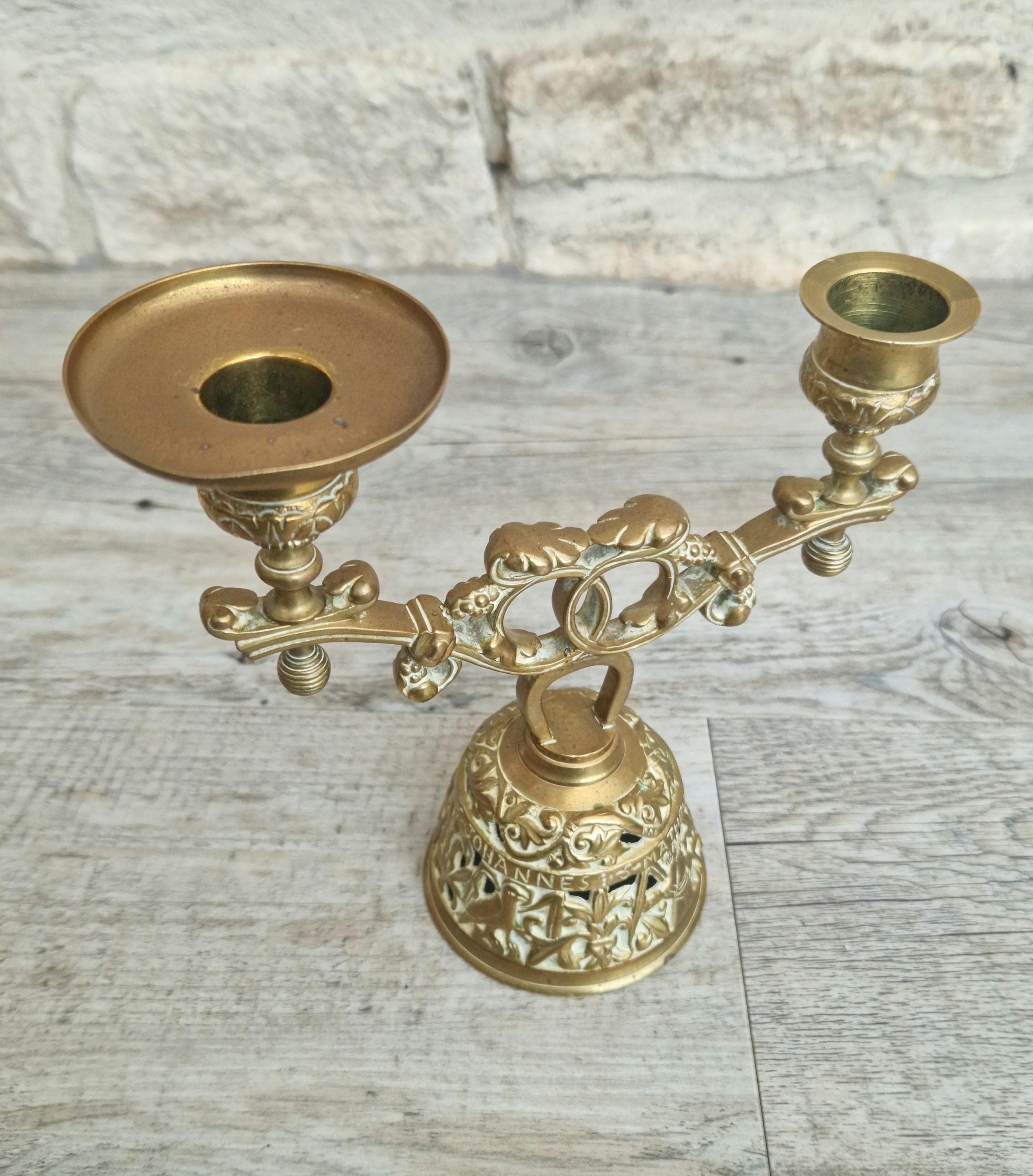 Antique Brass Altar Bell Double Candle Holder With Pierced-Work Four Evangelists Names