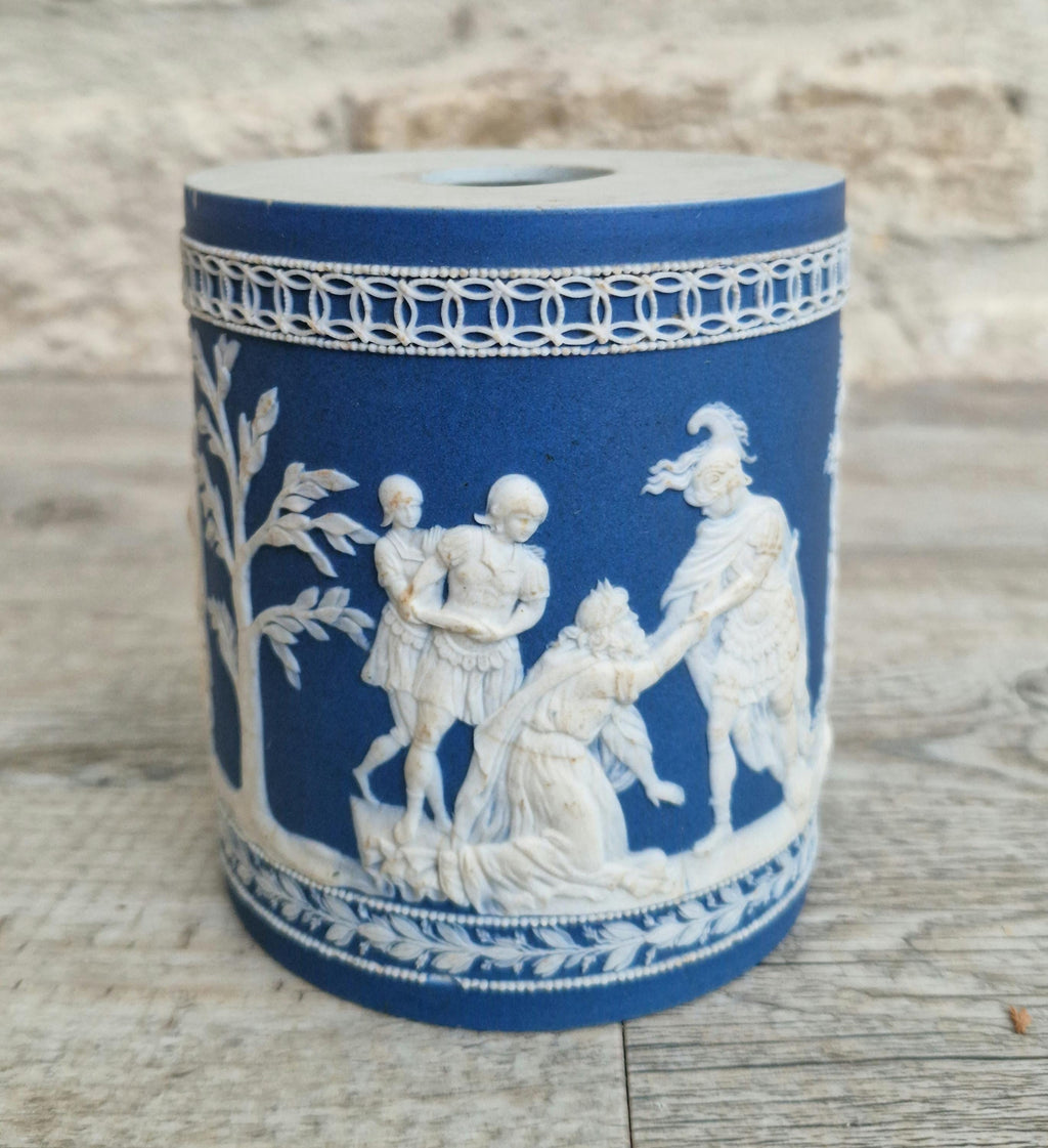 Antique Late 18th-Early 19th C. William Adams Jasperware Neoclassical Blue Sprigged Drum Vase Base