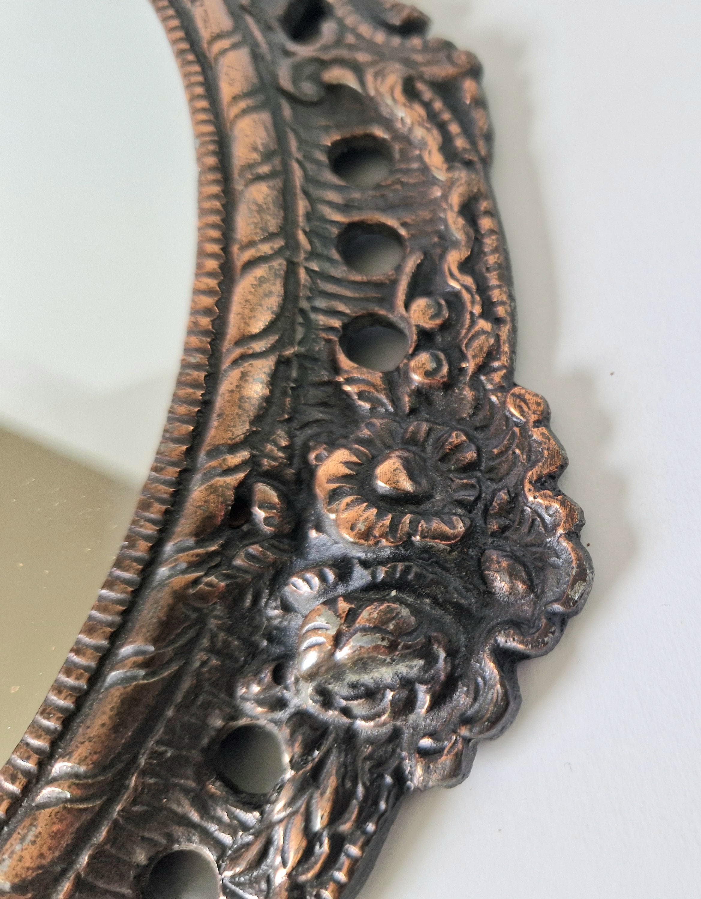Antique Art Nouveau Heavy Cast Copper Metal Ornate Floral Rococo Round Wall Mirror 31cm