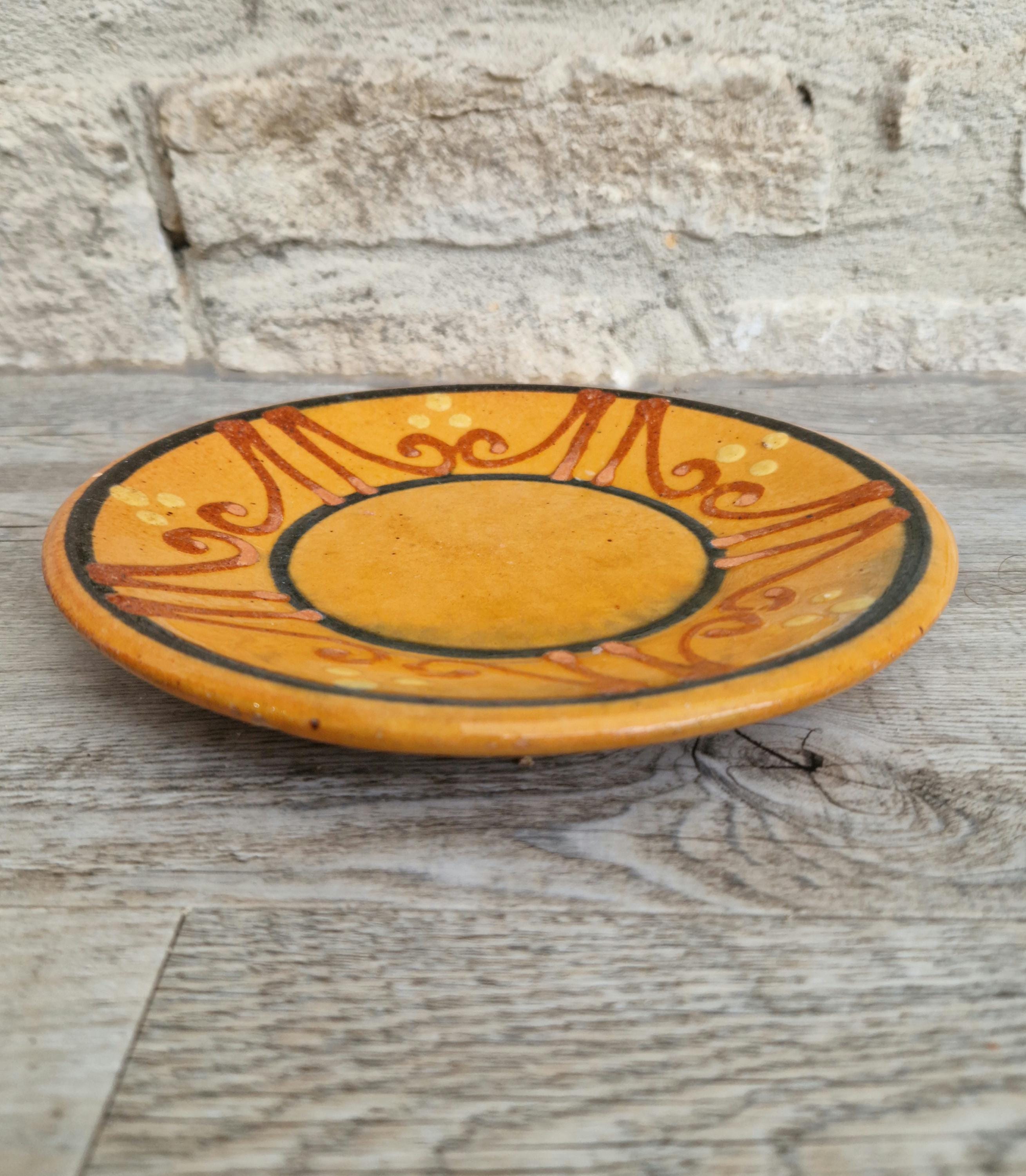 Vintage French Rustic BIOT Ceramic Ornate Design Motif Yellow Glaze Dessert Plate
