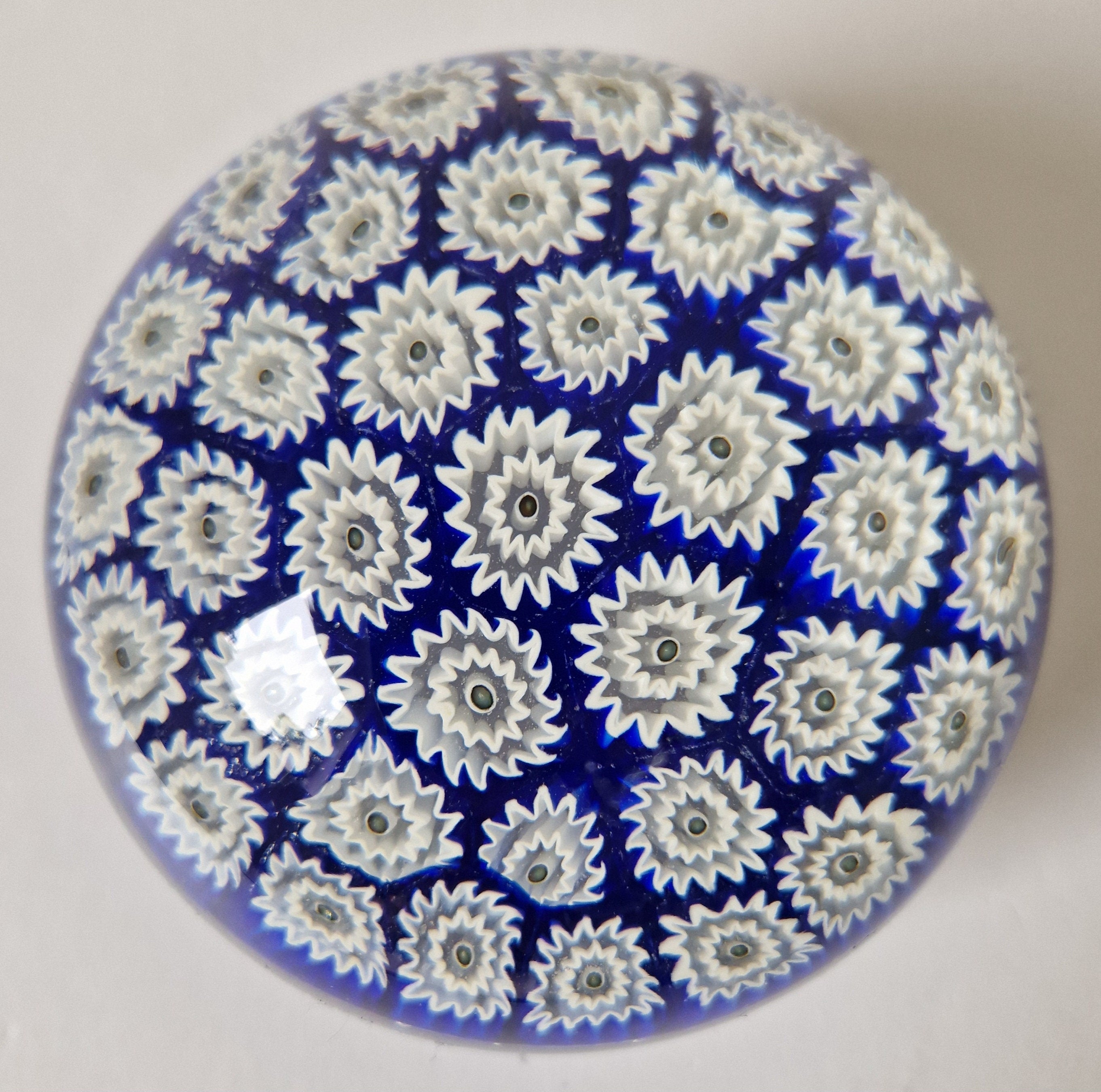 ALT Studio Murano Glass Deep Blue & White Star Flower Millifiore Paperweight
