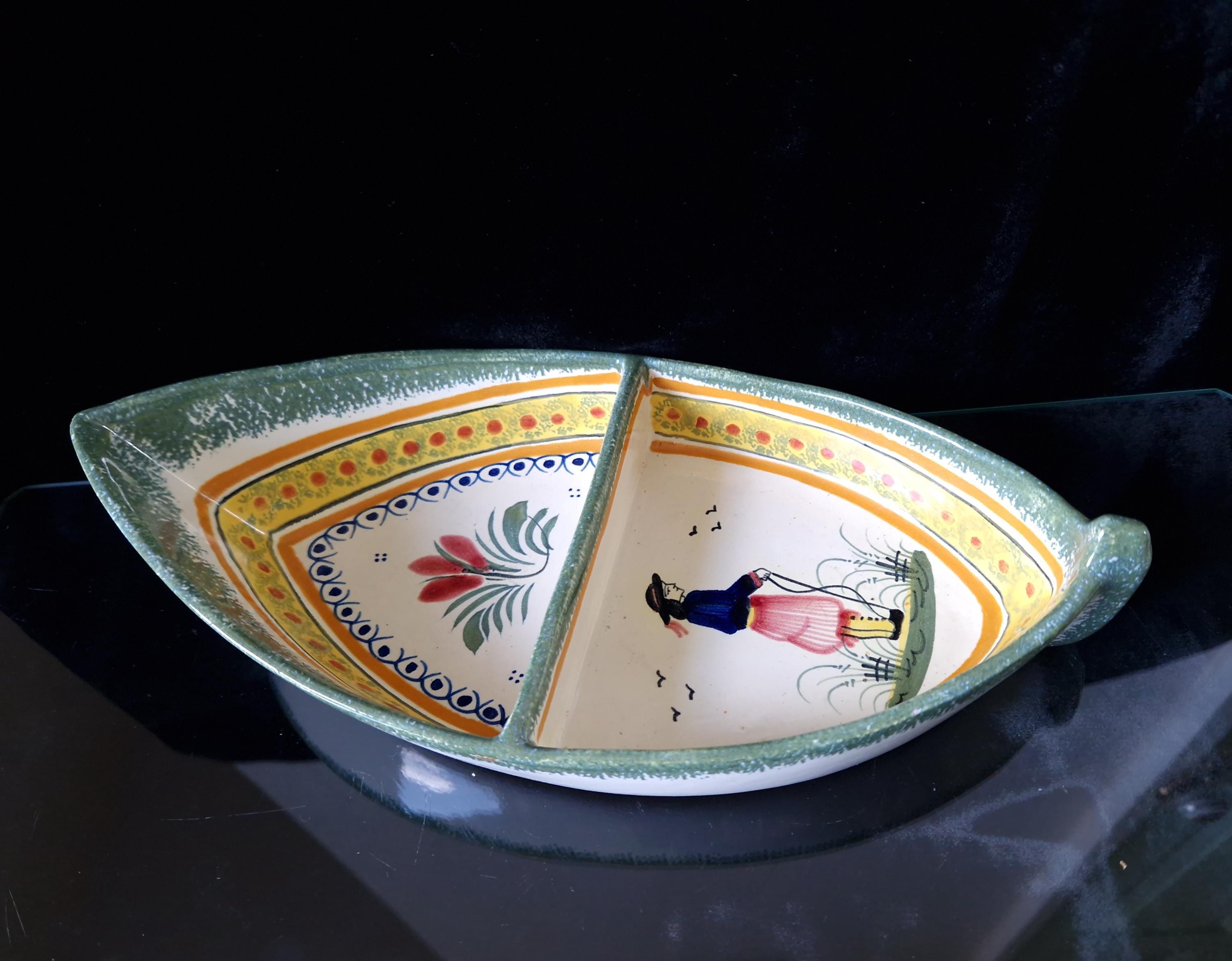 Vintage Henriot Quimper Faience Ceramic Boat Shape Divided Serving Dish