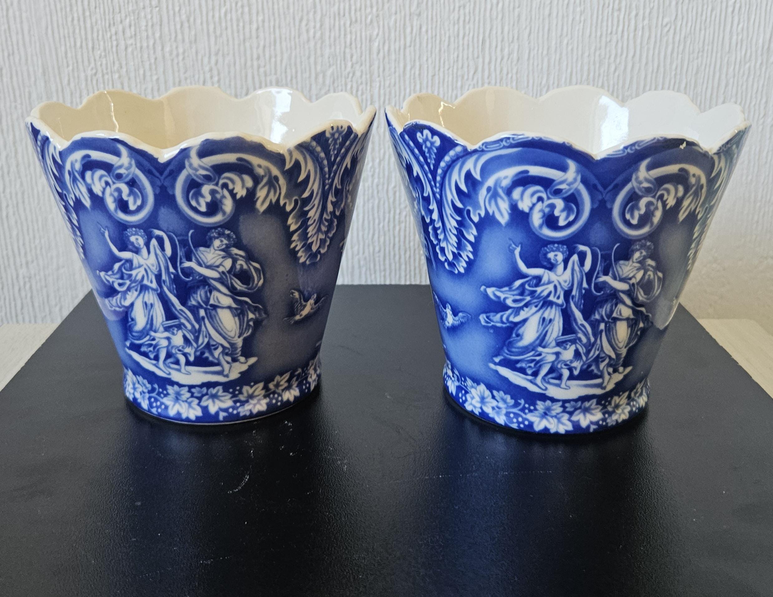 Vintage Staffordshire Pottery Planters: Blue & White Neoclassical Scalloped Edge