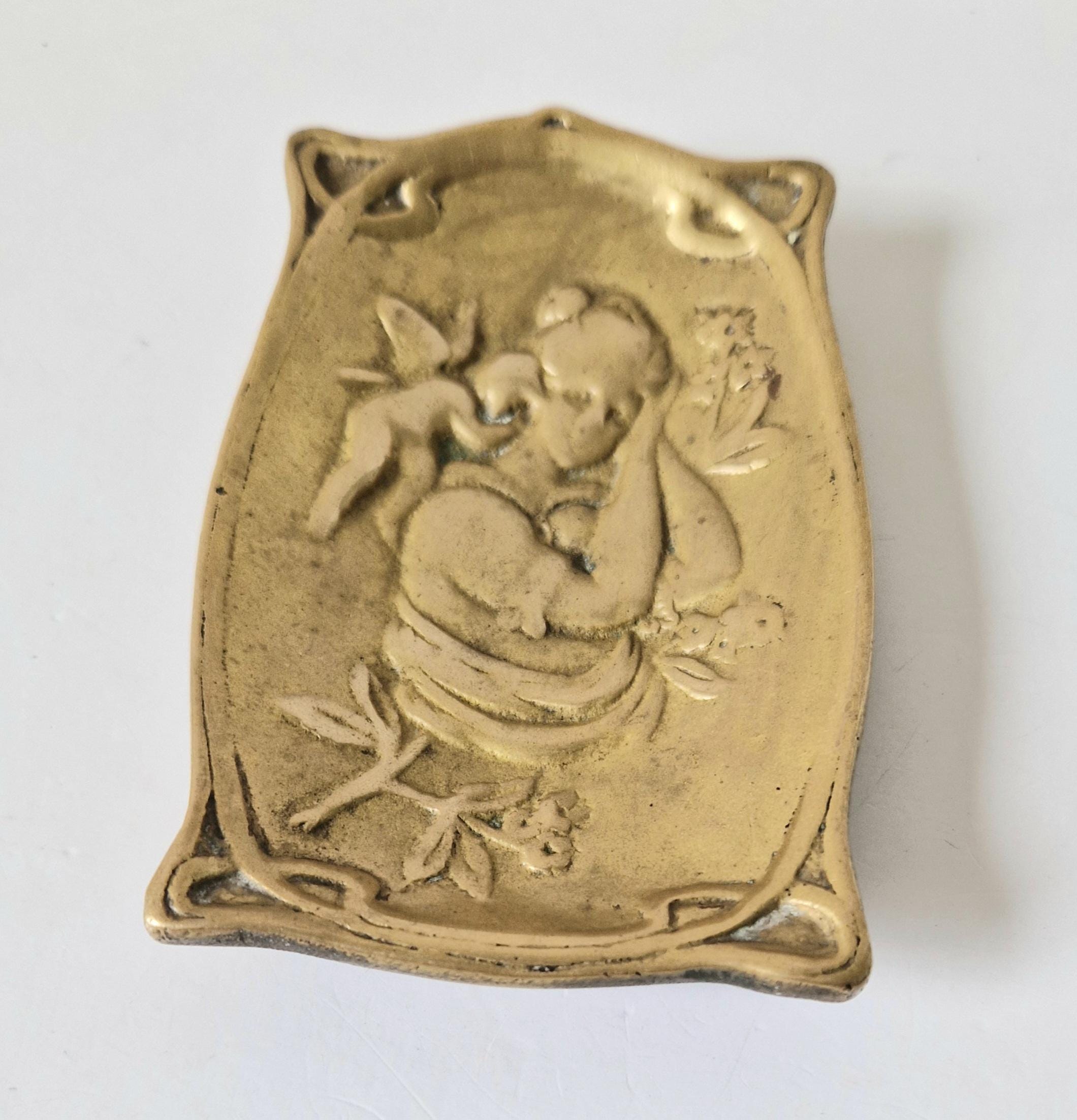 Antique Art Nouveau Jugendstil Heavy Cast Brass Sleeping Lady & Putti Pin Dish