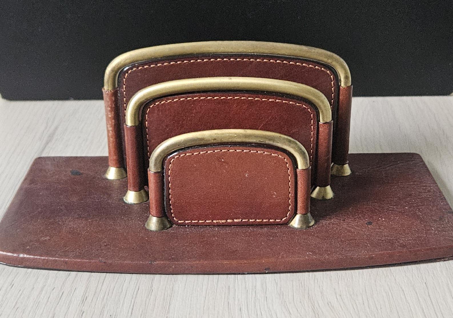 Vintage TONY PEROTTI Italian Leather Letter Rack Chestnut Brown Leather *Some Marks
