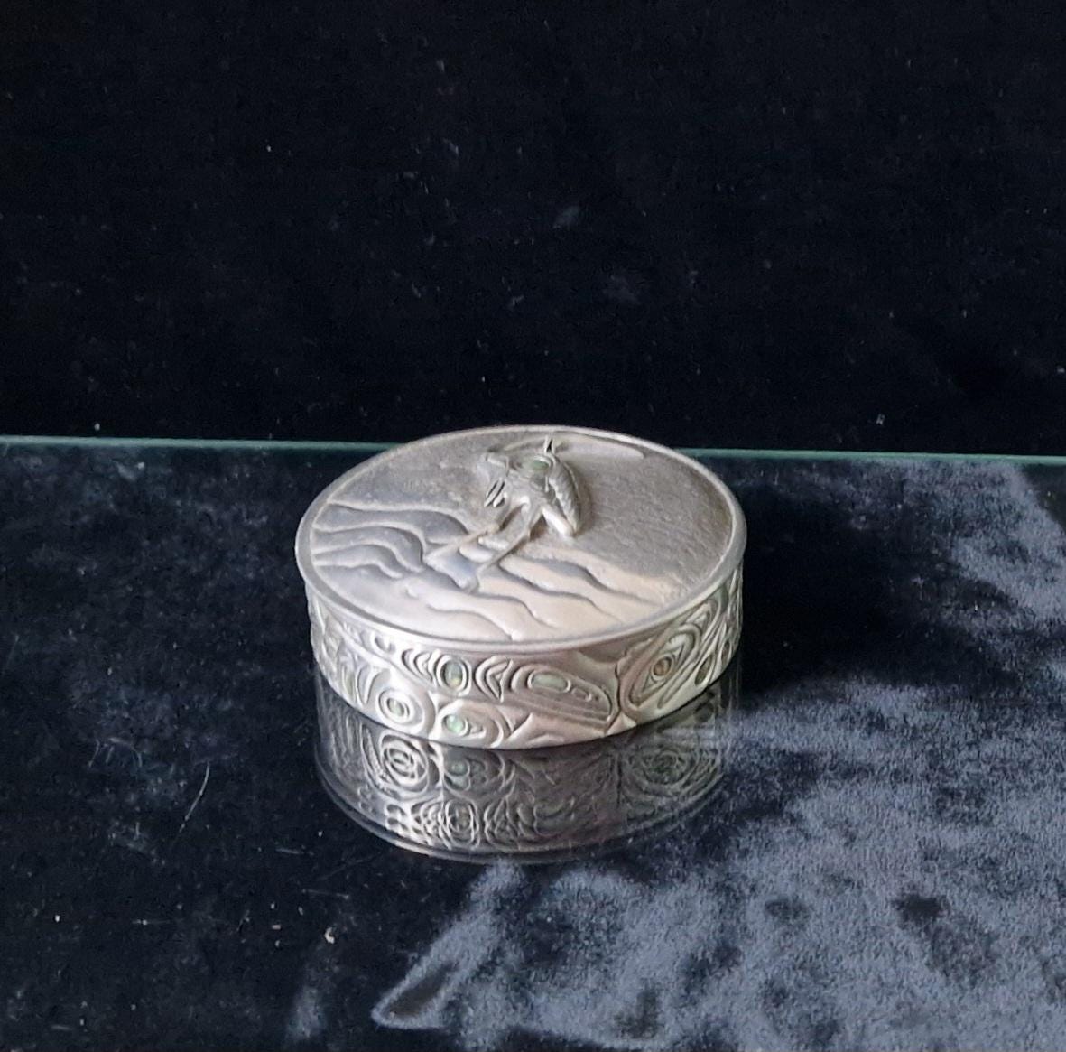 Vintage Mid Century Pewter & Glass Bead Heron Relief Trinket Box