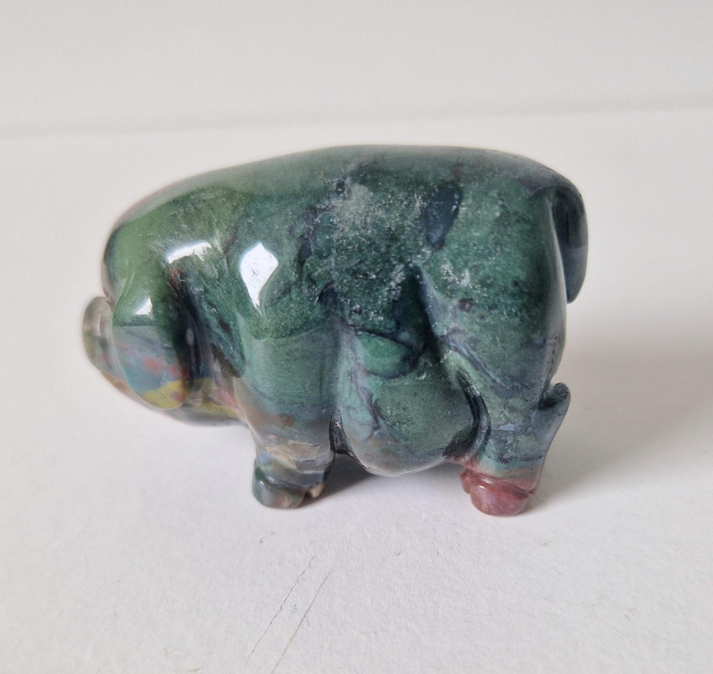Vintage Fine Carved Moss Agate Standing Pig Figure Ornament 6.3cm