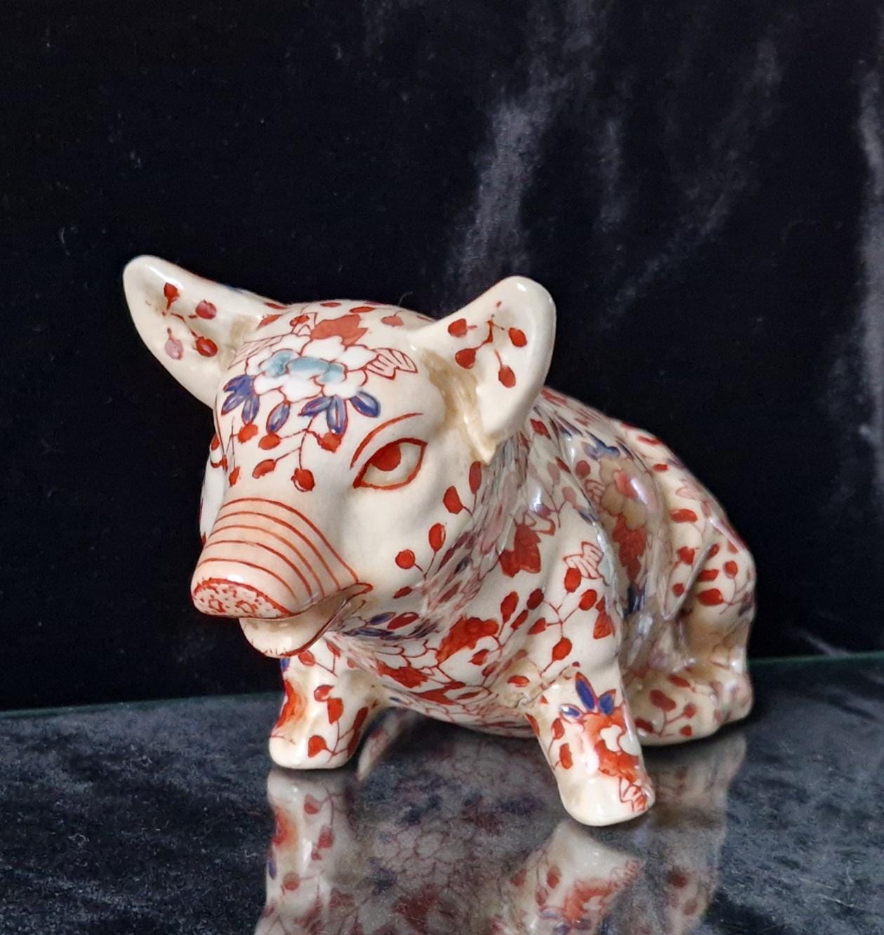 Imari Pattern Chinese Ceramic Floral Seated Pig Figure Ornament 18cm Antique