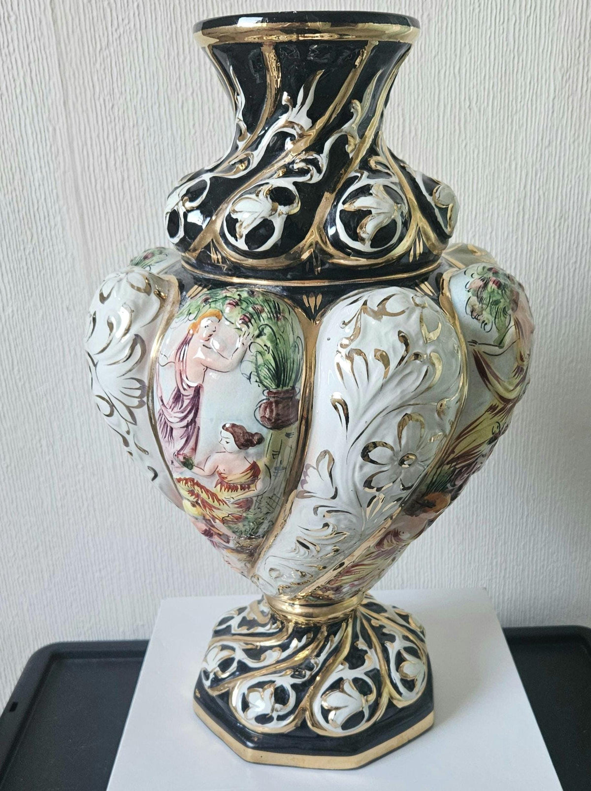 Vintage Italian Majolica Vase: Large Handpainted Figural Ceramic, 40cm Tall