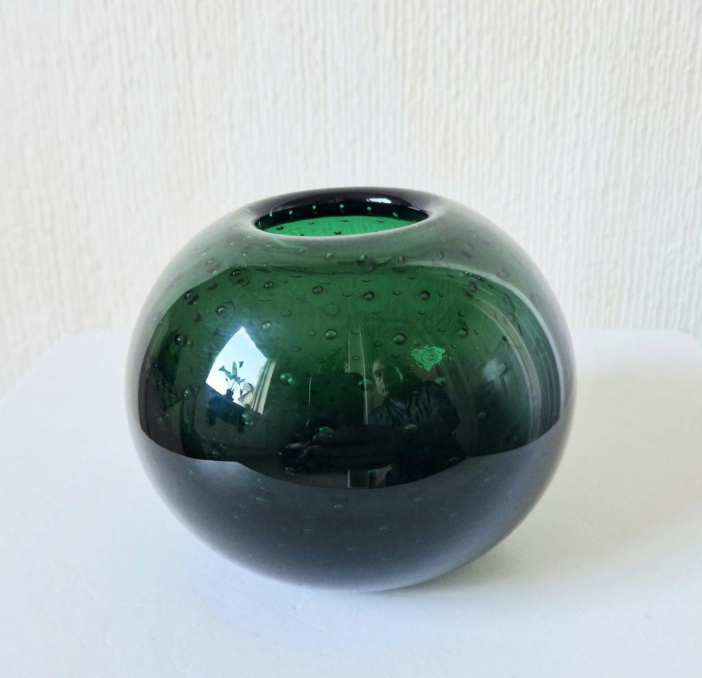 WMF Designed By Walter Drexel 'Perlora' Dark Green Orb Bubble Glass Vase 1960's