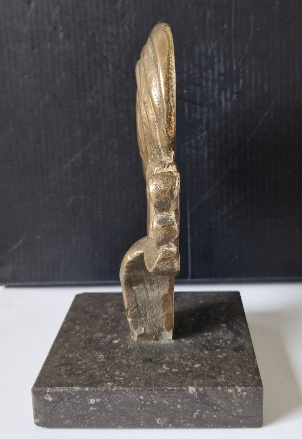 Art Deco Cast Bronze Girl's Head Profile Black Marble Mounted Desk Sculpture