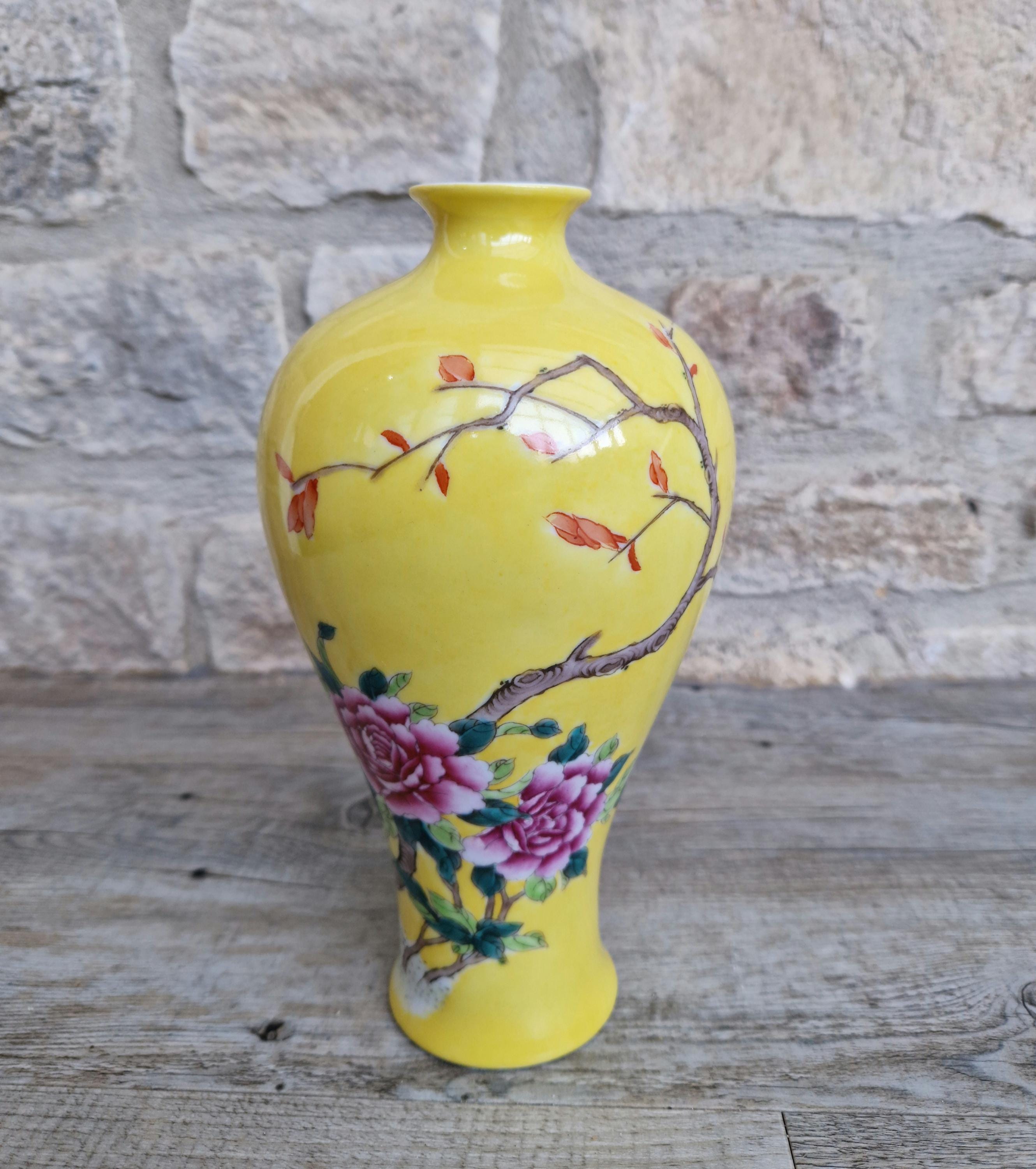 Vintage 20th C. Famille Rose Yellow Ground Meiping Porcelain Vase Hand Painted Peony Blooms