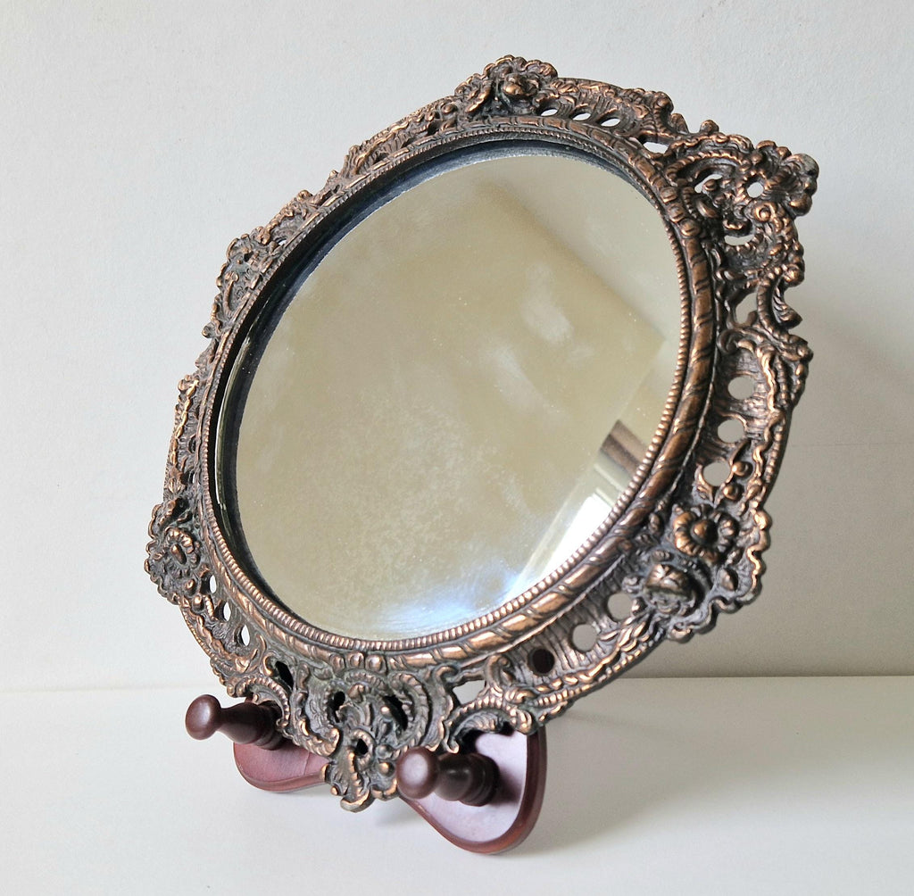 Antique Art Nouveau Heavy Cast Copper Metal Ornate Floral Rococo Round Wall Mirror 31cm