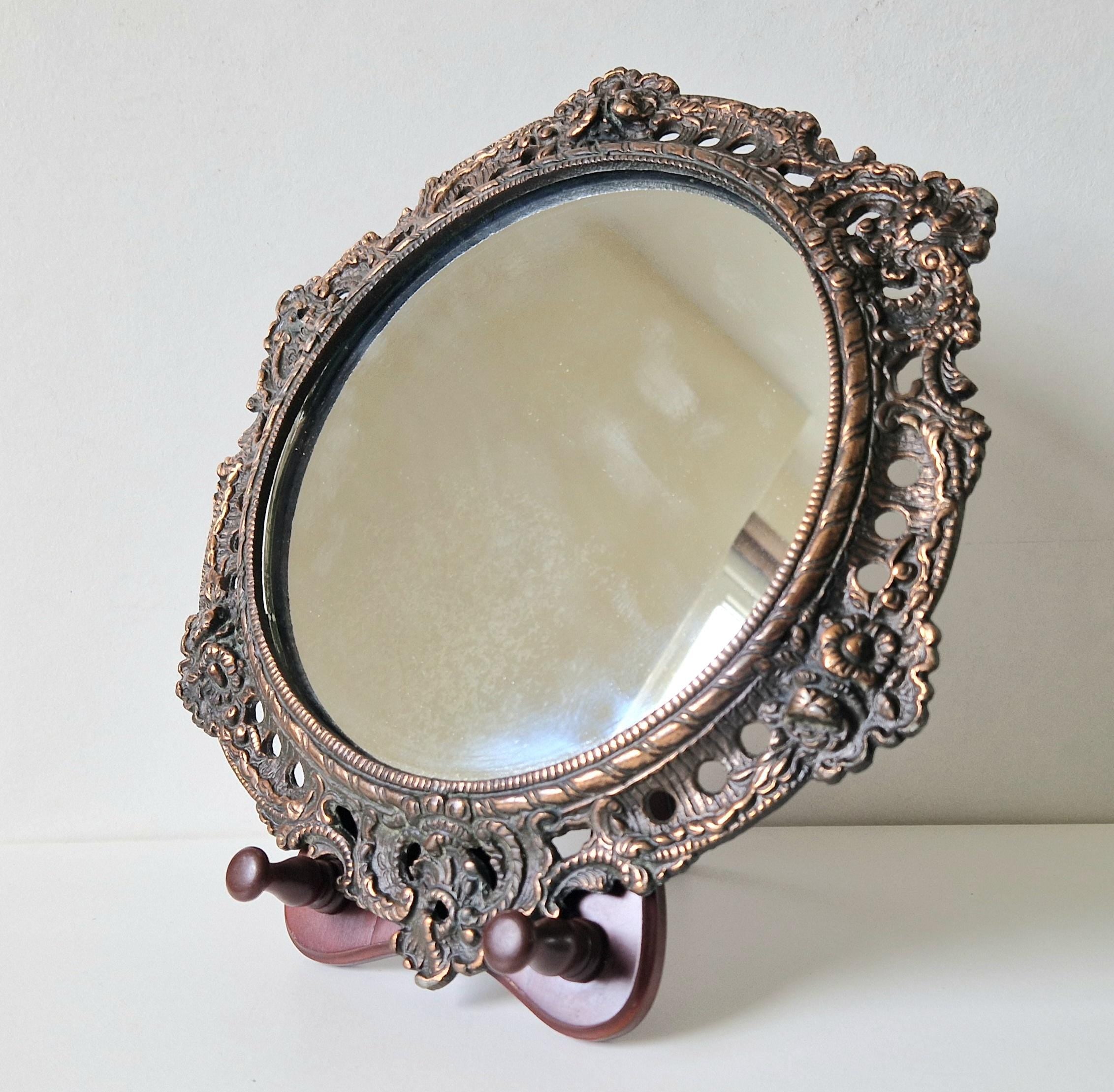 Antique Art Nouveau Heavy Cast Copper Metal Ornate Floral Rococo Round Wall Mirror 31cm