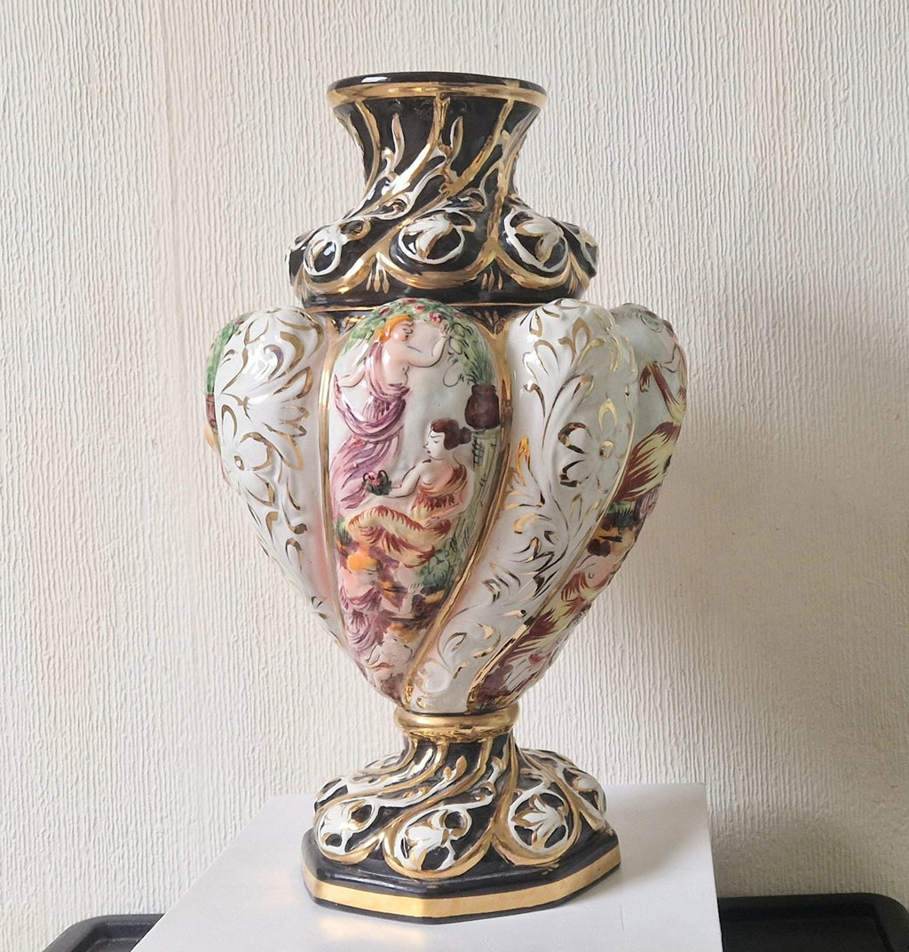 Vintage Italian Majolica Vase: Large Handpainted Figural Ceramic, 40cm Tall