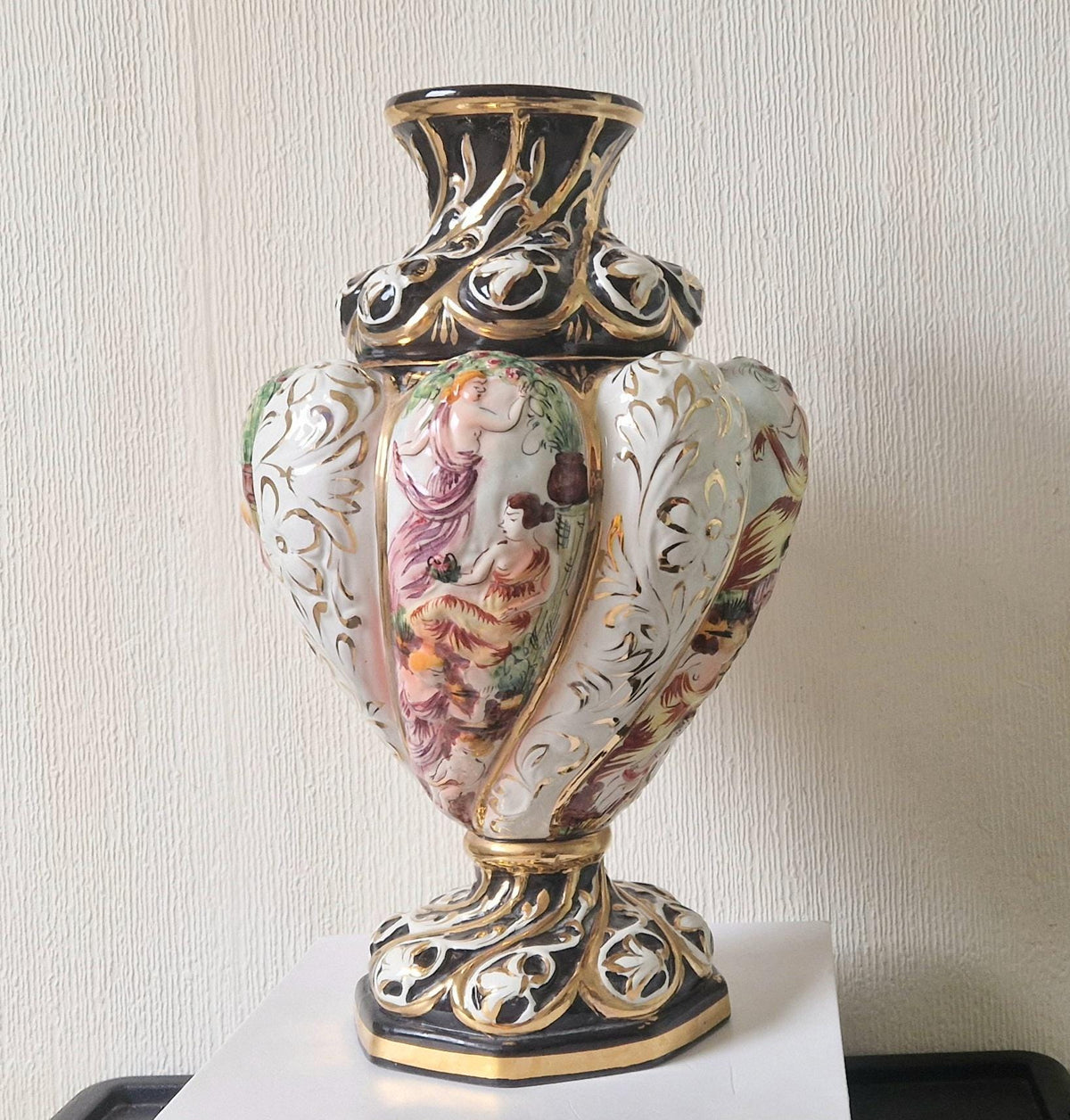 Vintage Italian Majolica Vase: Large Handpainted Figural Ceramic, 40cm Tall