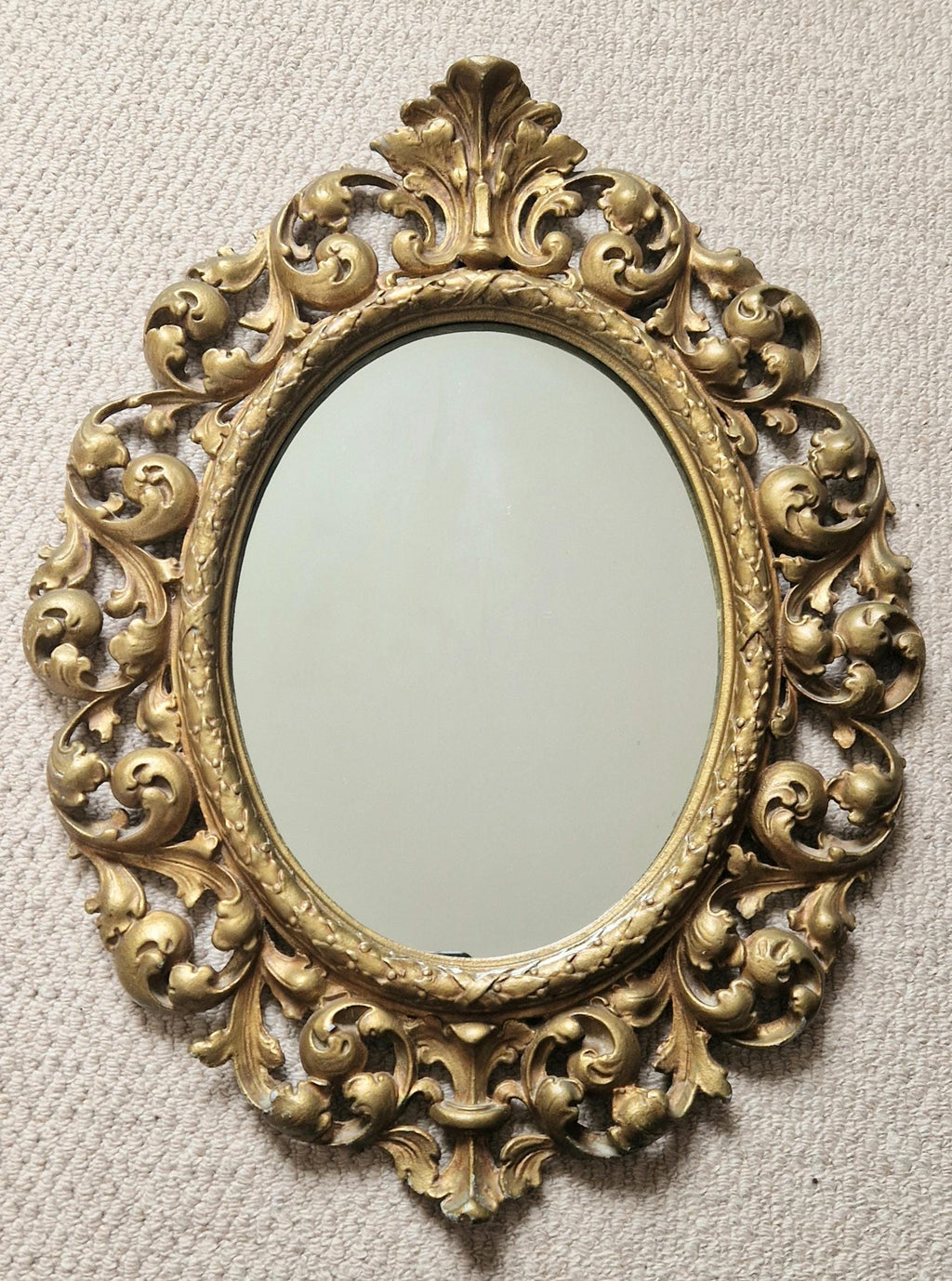 Vintage Heavy Gilt Cast Metal Ornate Rococo Oval Wall Mirror 47.5cm