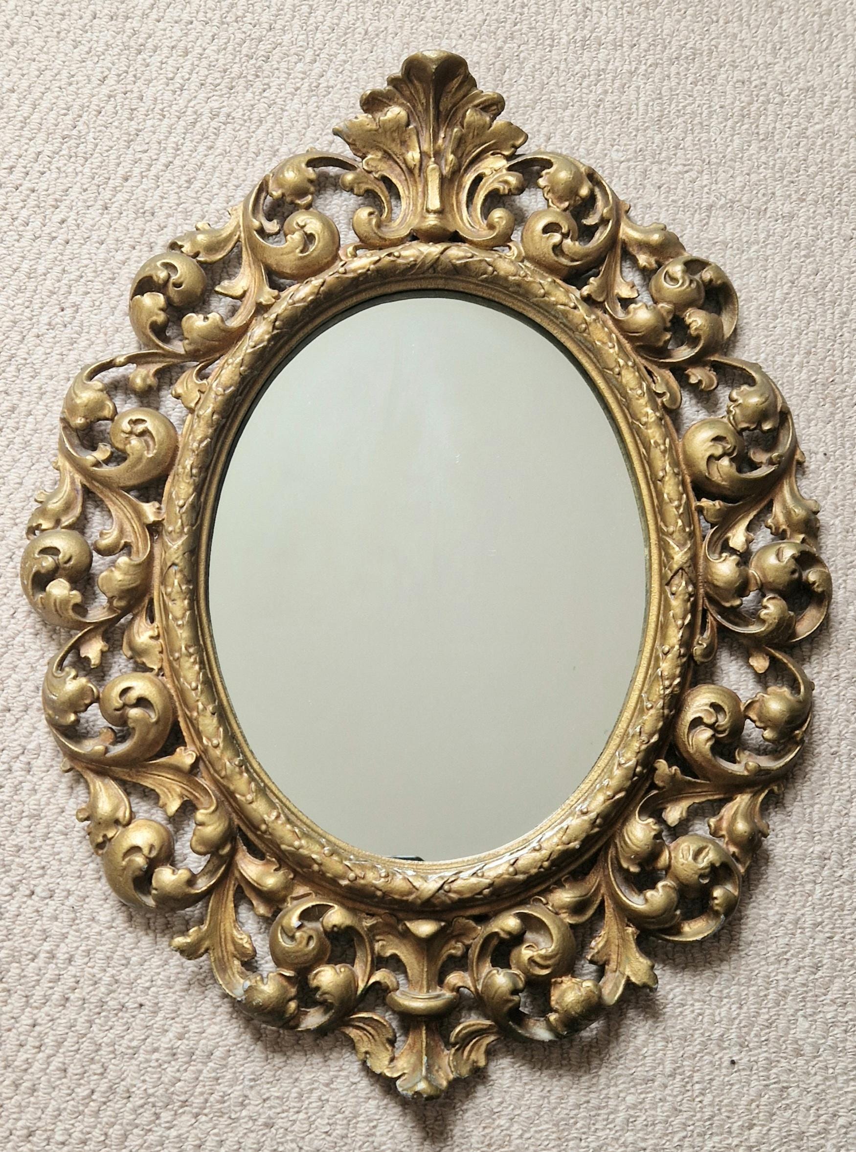 Vintage Heavy Gilt Cast Metal Ornate Rococo Oval Wall Mirror 47.5cm