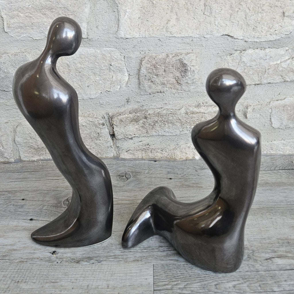 Vintage Tall Large Abstract Couple Figures Ceramic Metallic Finish 32 and 28cm Tall