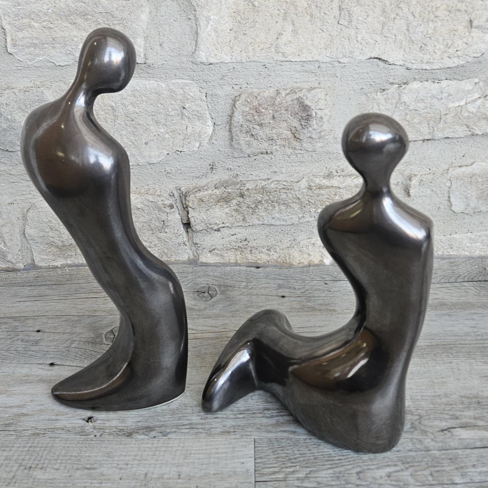 Vintage Tall Large Abstract Couple Figures Ceramic Metallic Finish 32 and 28cm Tall