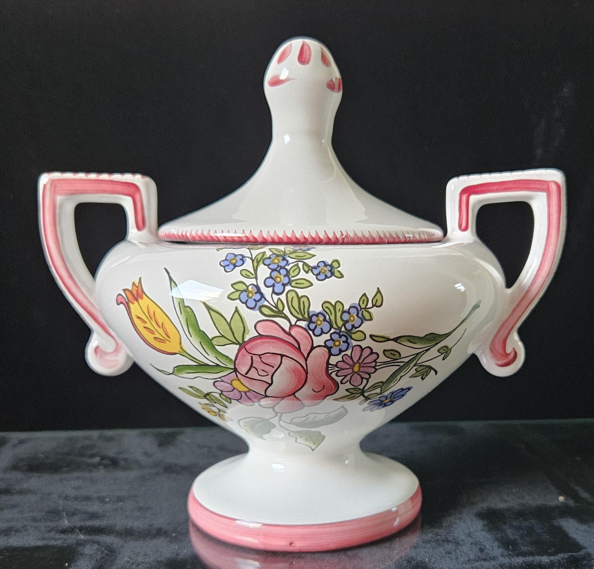 Rare Vintage French Lidded Bonbonniere Lidded Pot with Floral Decorations, signed Roullet Renoleau 18cm Tall