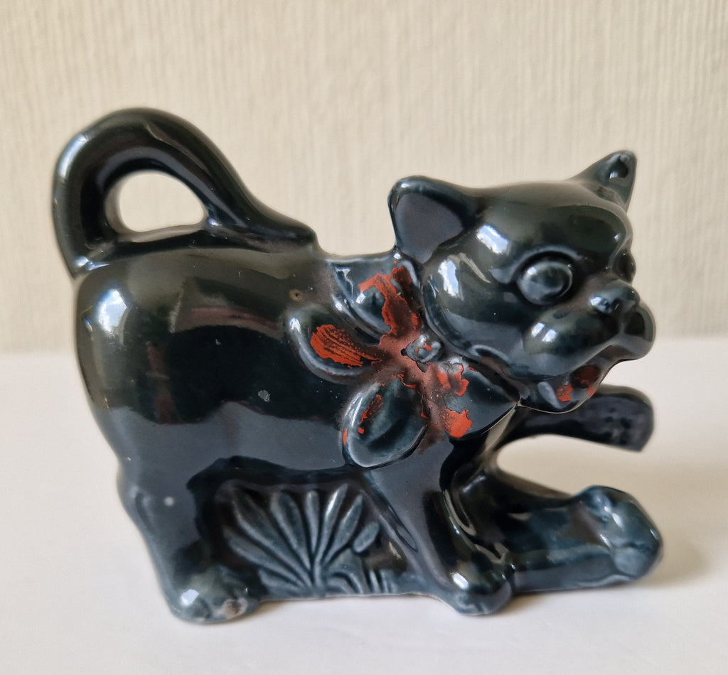 Rare Antique Glazed Pottery Dog Table Match Holder Strike Underglaze Inscription