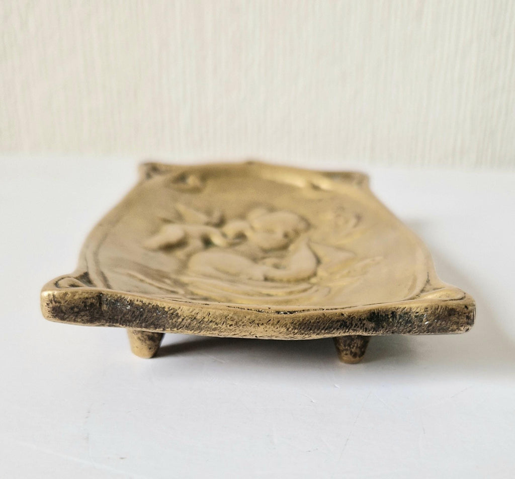 Antique Art Nouveau Jugendstil Heavy Cast Brass Sleeping Lady & Putti Pin Dish