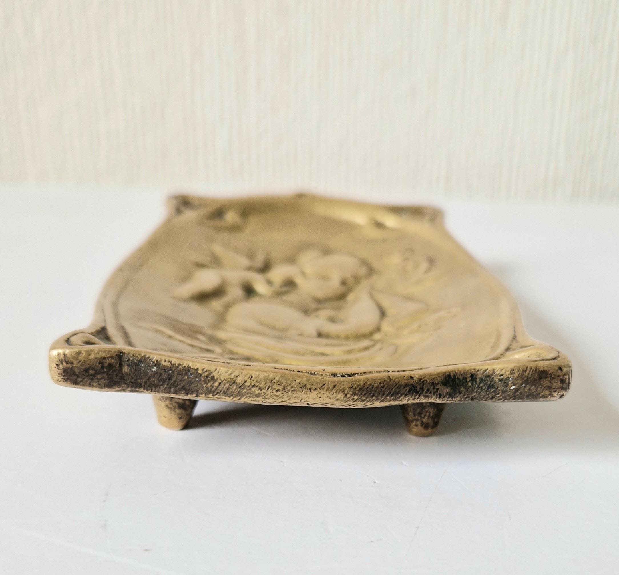 Antique Art Nouveau Jugendstil Heavy Cast Brass Sleeping Lady & Putti Pin Dish