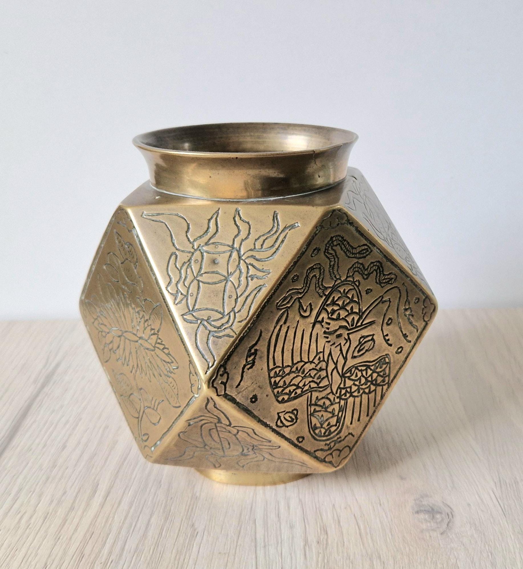 Antique Japanese Tetradecahedron Gilt Bronze Vase 14cm