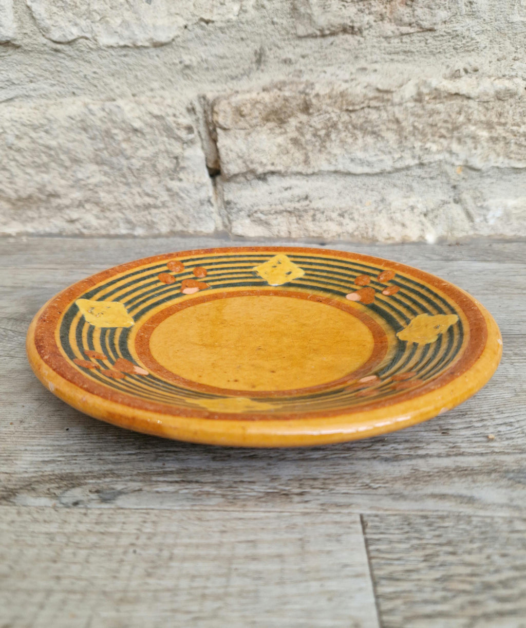 Vintage French Rustic BIOT Ceramic Concentric Circles Motif Yellow Glaze Dessert Plate