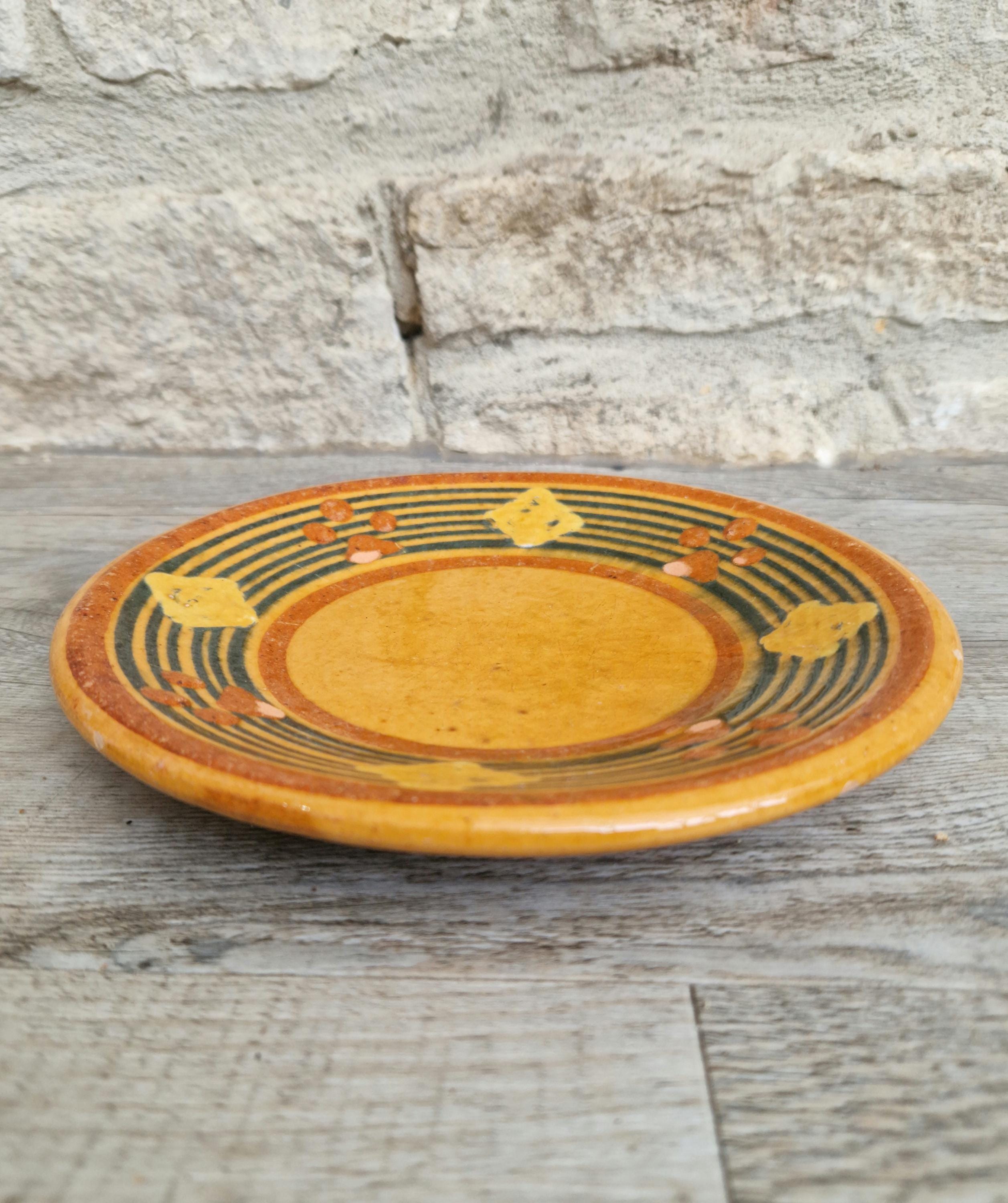 Vintage French Rustic BIOT Ceramic Concentric Circles Motif Yellow Glaze Dessert Plate