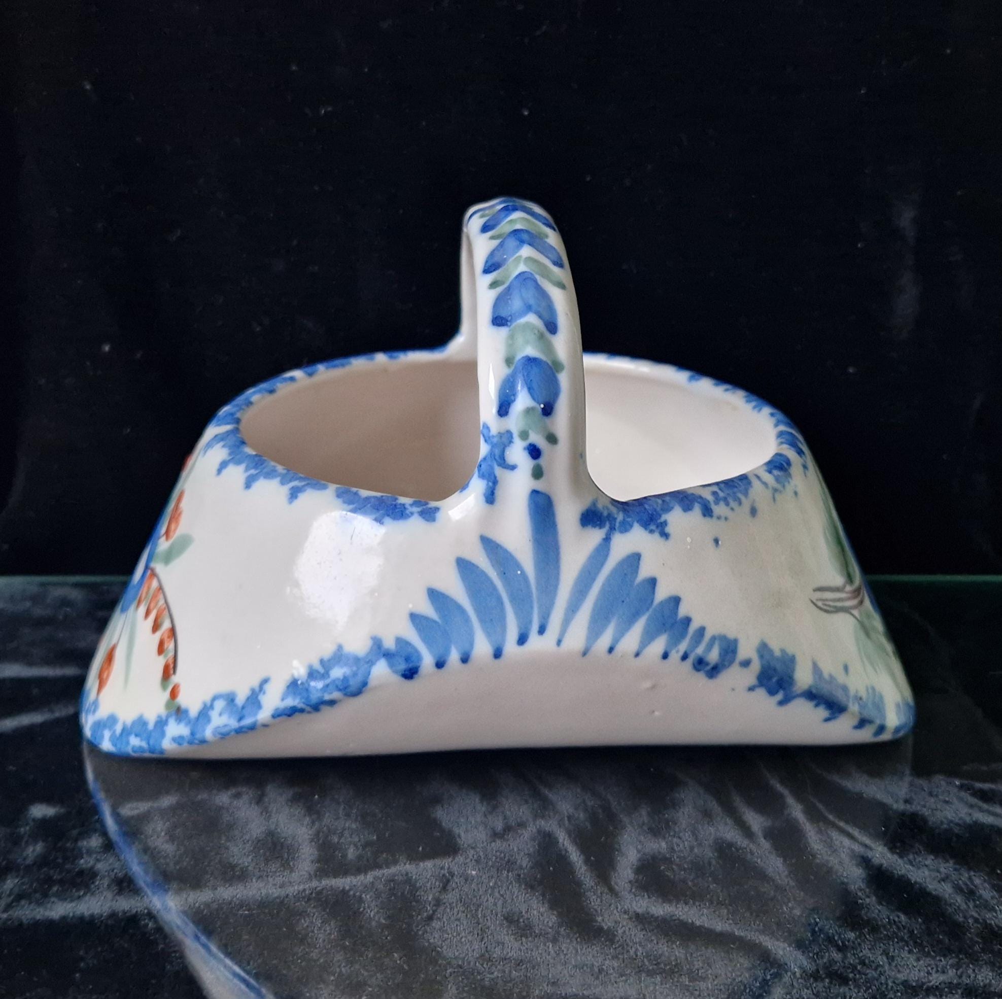 Antique Quimper Faience Floral Basket Vase Ornament - 18cm Decorative Basket France