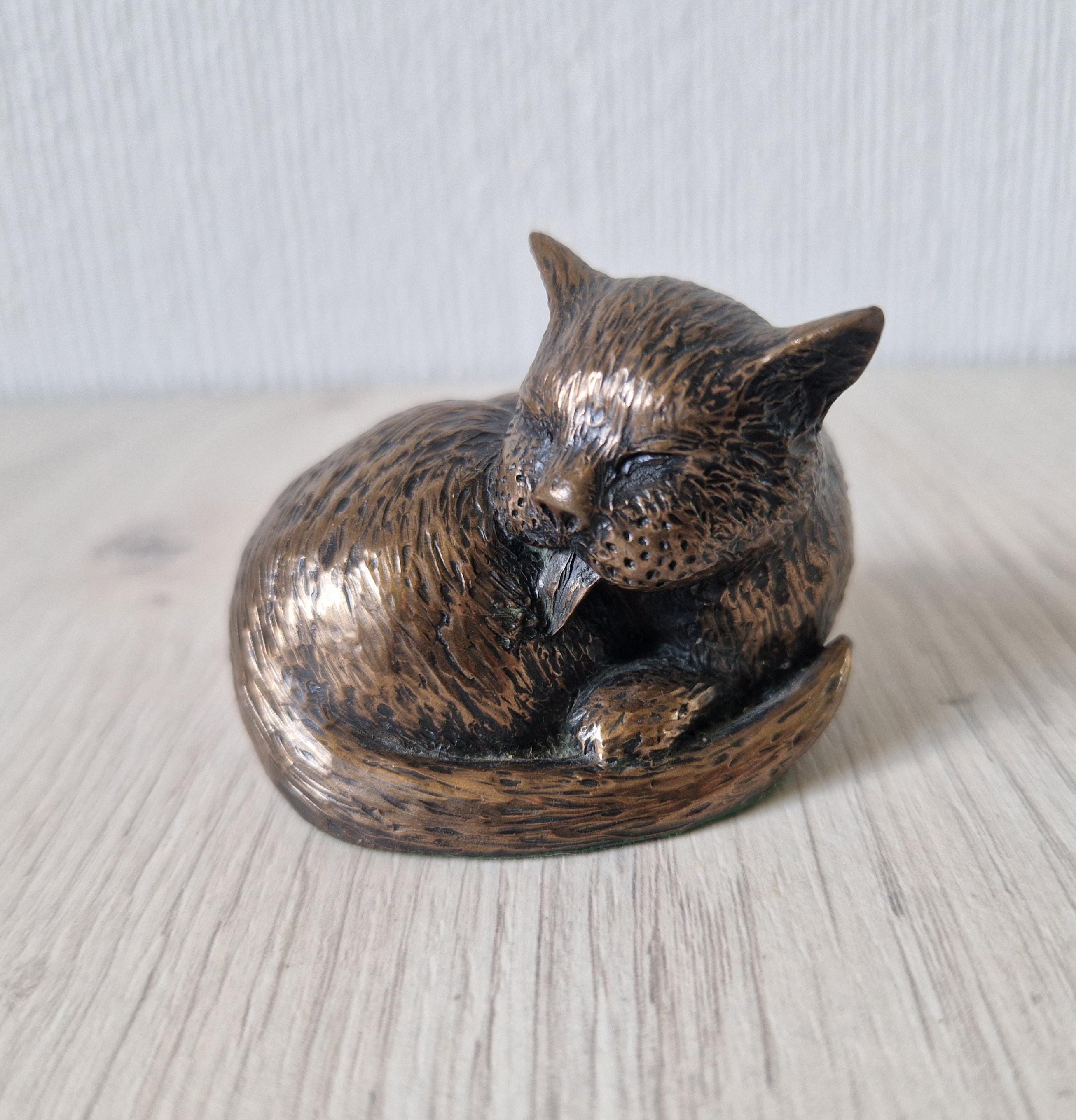 Vintage Cold Cast Bronze Resin Curled Licking Cat Figure Ornament