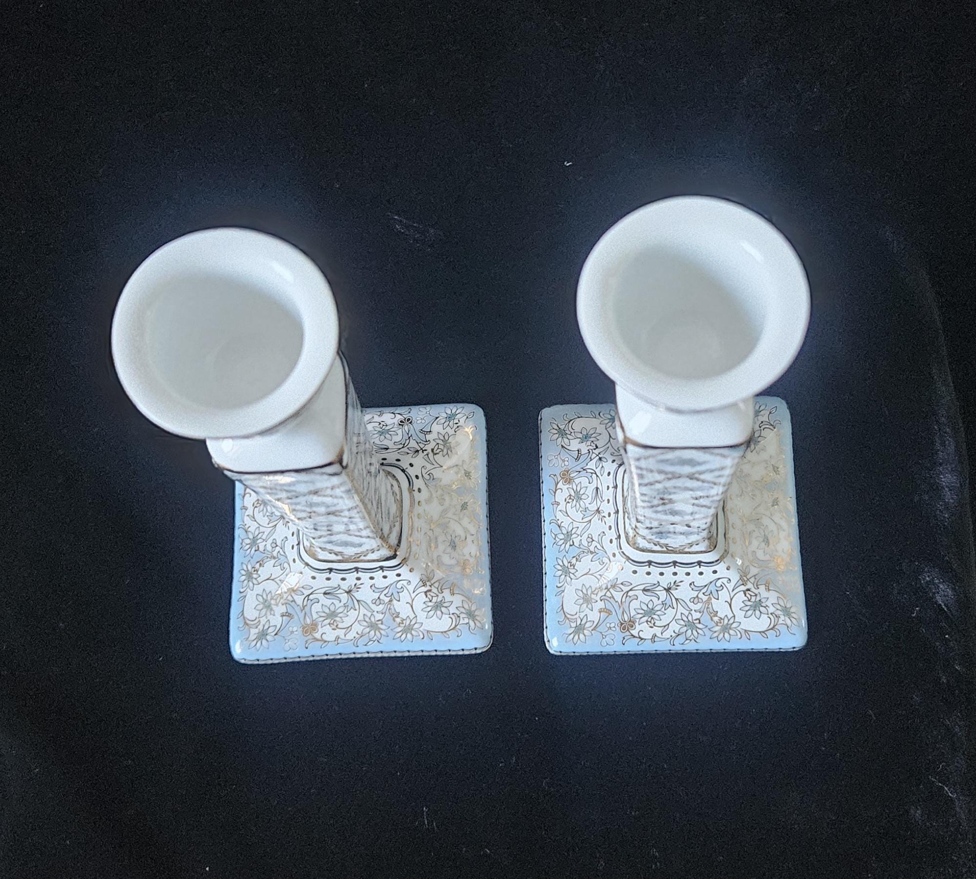 Vintage 1990s Pair of Porcelain Decorative Candle Holders (Past Times) England Taper Candle Holders