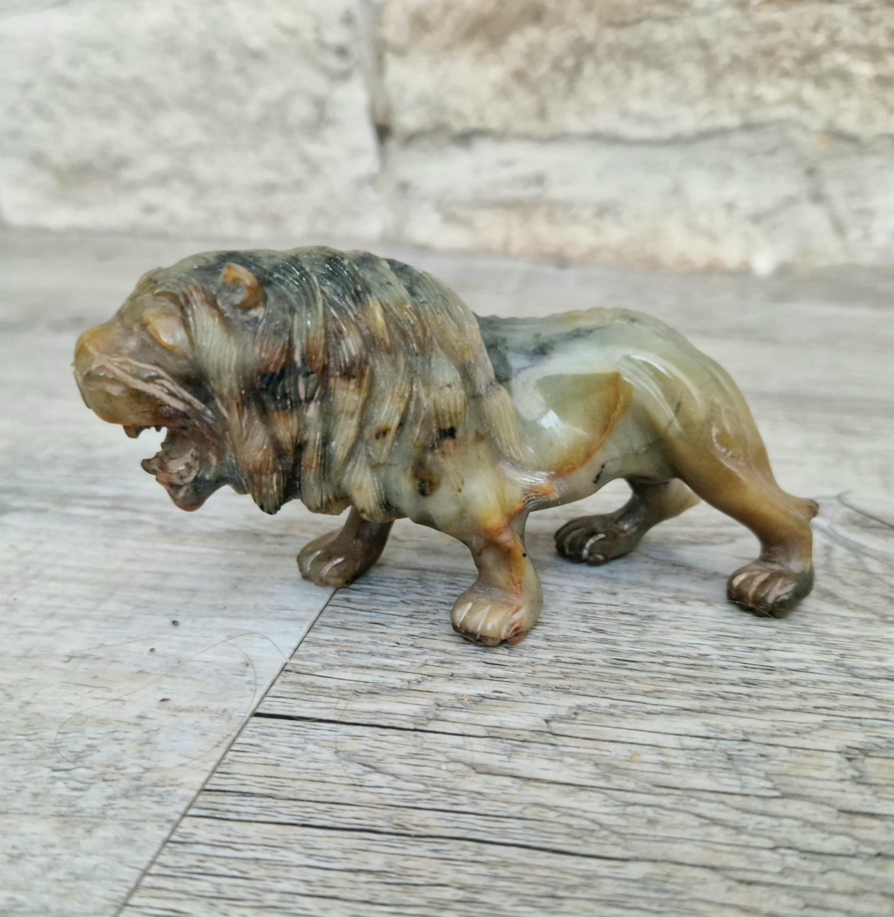 Vintage Fine Carved Jade Roaring Lion Sculpture Early 20th Century Ornament