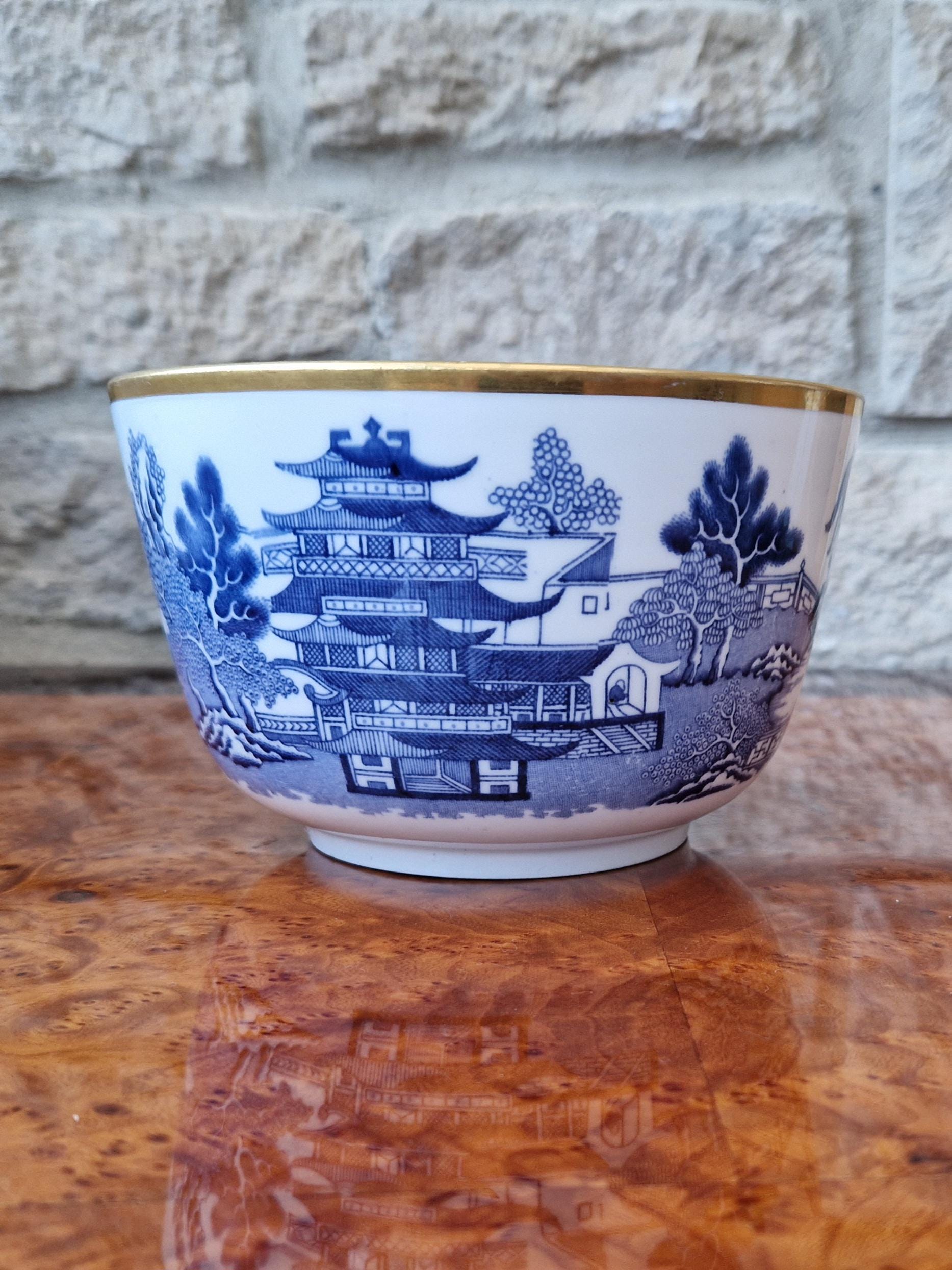 Davenport Longport England Blue & White Gilt Two Temples Porcelain Slop Bowl c.1870-1886