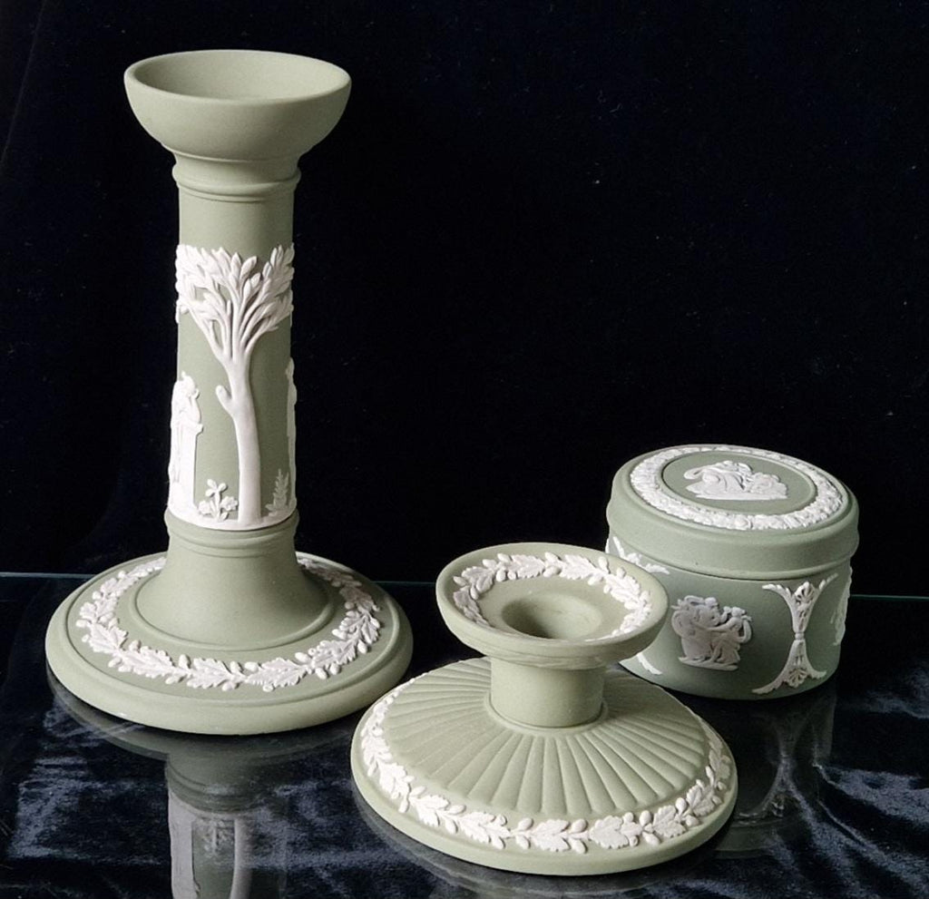 Vintage Wedgwood Sage Green Jasperware Neo Classical Candlestick Trinket Jar Set.